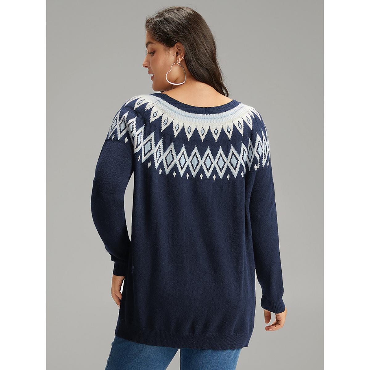 Plus Size Supersoft Essentials Geo Contrast Raglan Sleeve Pullover Indigo Women Casual Loose Long Sleeve Round Neck Dailywear Pullovers BloomChic 10/M Product Image