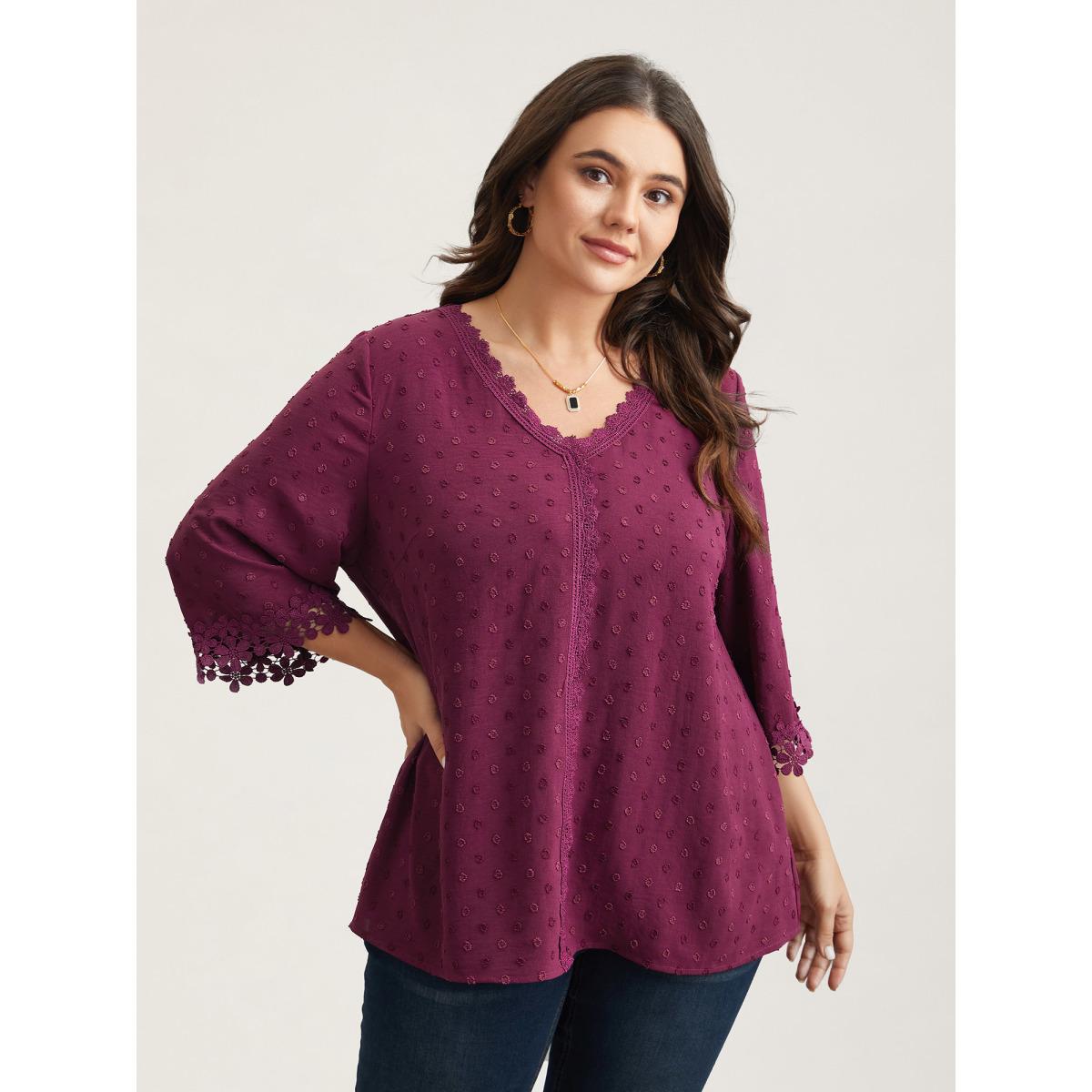Plus Size Deeppurplered Textured Color-Block Lace Detail Shirt Women Elegant Elbow-length sleeve V-neck Everyday Blouses BloomChic 28/5X Product Image