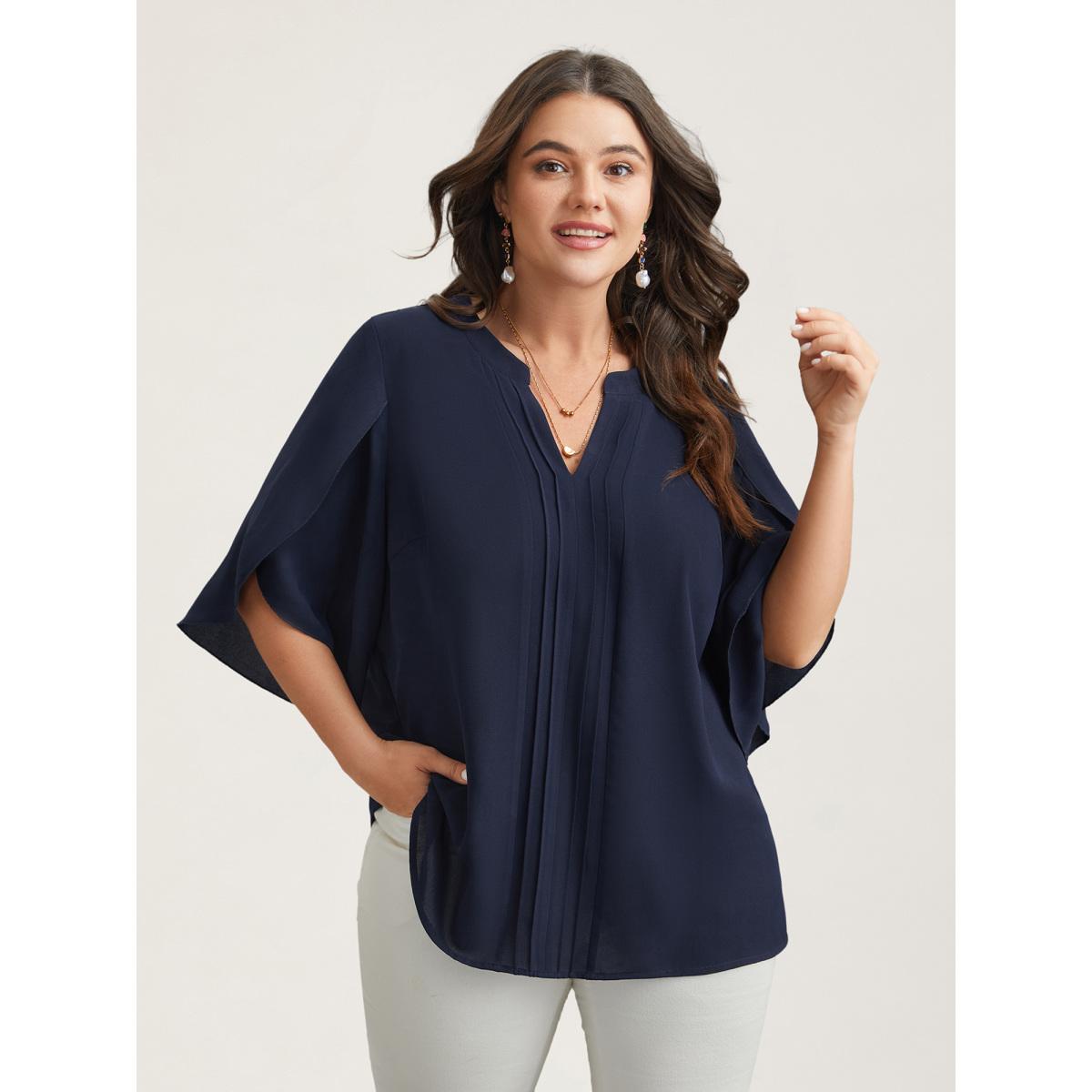 Plus Size Indigo Petal Sleeve Toothpick Pleats Shirt Women Office Elbow-length sleeve Notched collar Office Blouses BloomChic 14-16/1X Product Image