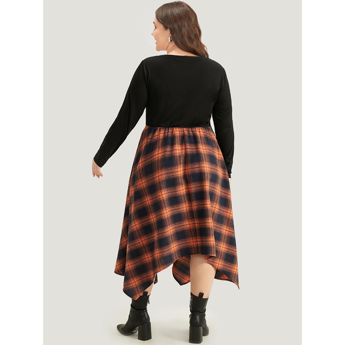 Plus Size Halloween Plaid Lace Up Pocket Asymmetrical Hem Dress Orange Women Casual Cross straps Round Neck Long Sleeve Curvy Midi Dress BloomChic 12/L Product Image