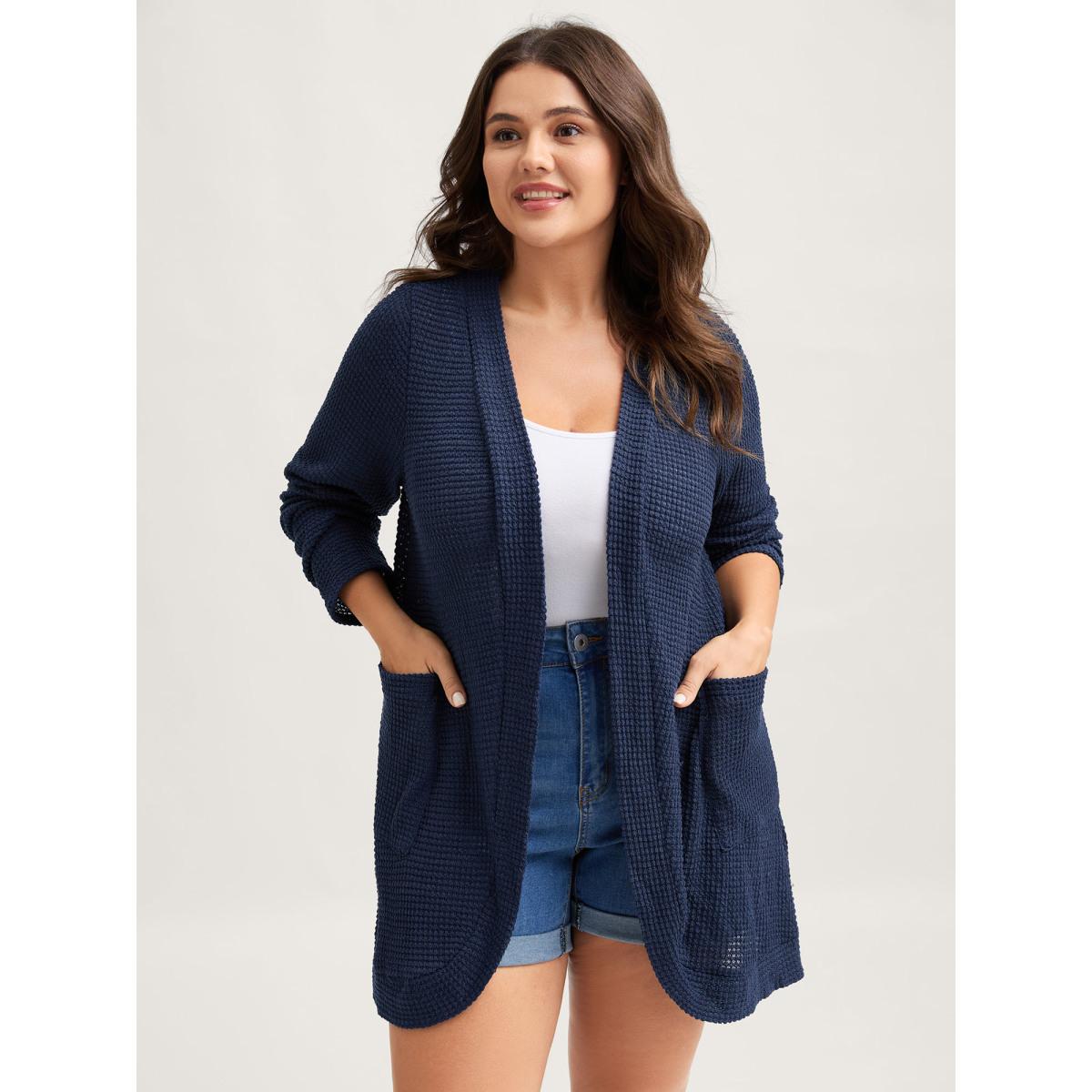 Plus Size Waffle Textured Arc Hem Jacket Women Indigo Texture Patch pocket Casual Jackets BloomChic 22-24/3X Product Image