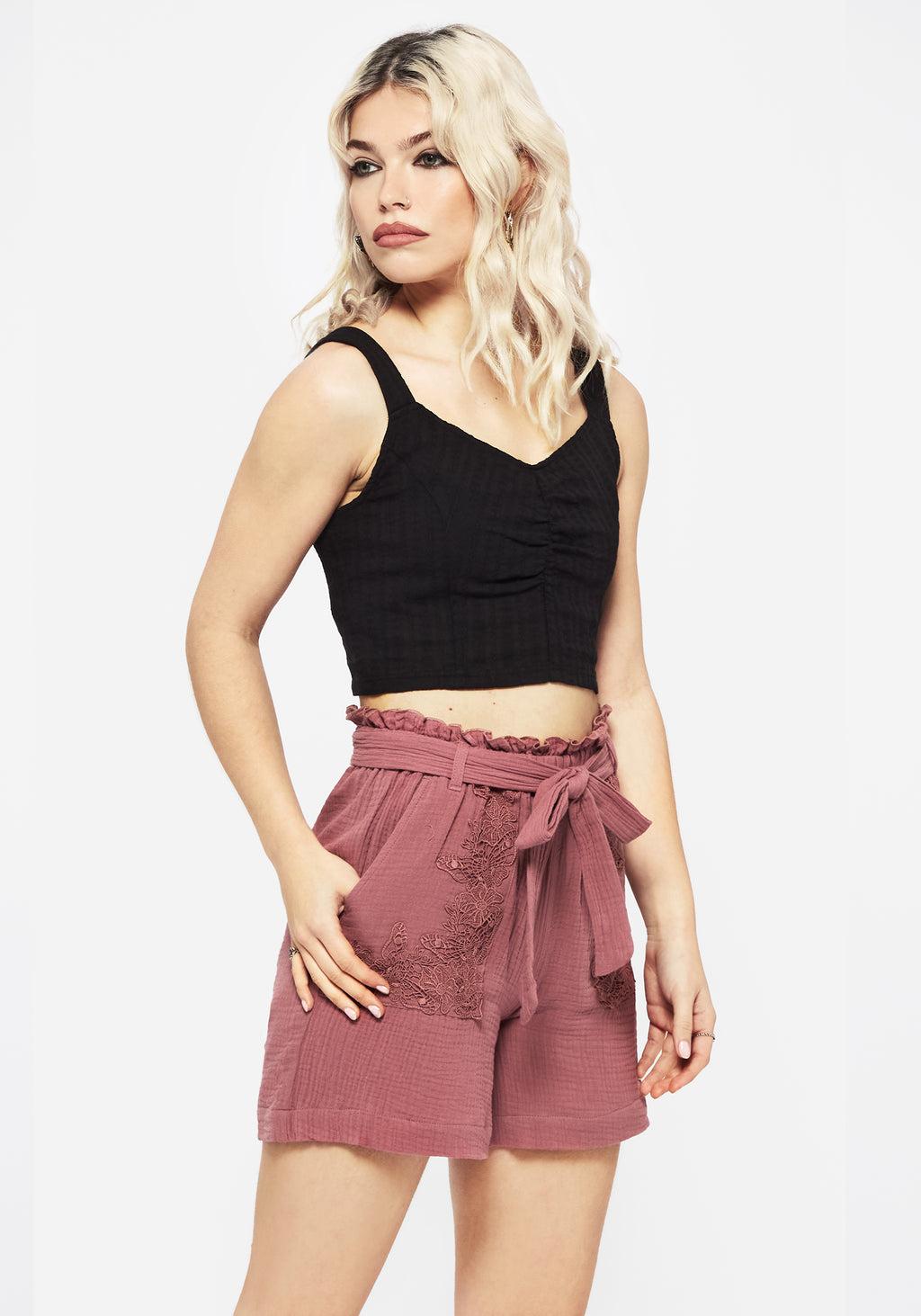 Rosamoth Applique Trim Cotton Tie Waist Shorts Product Image