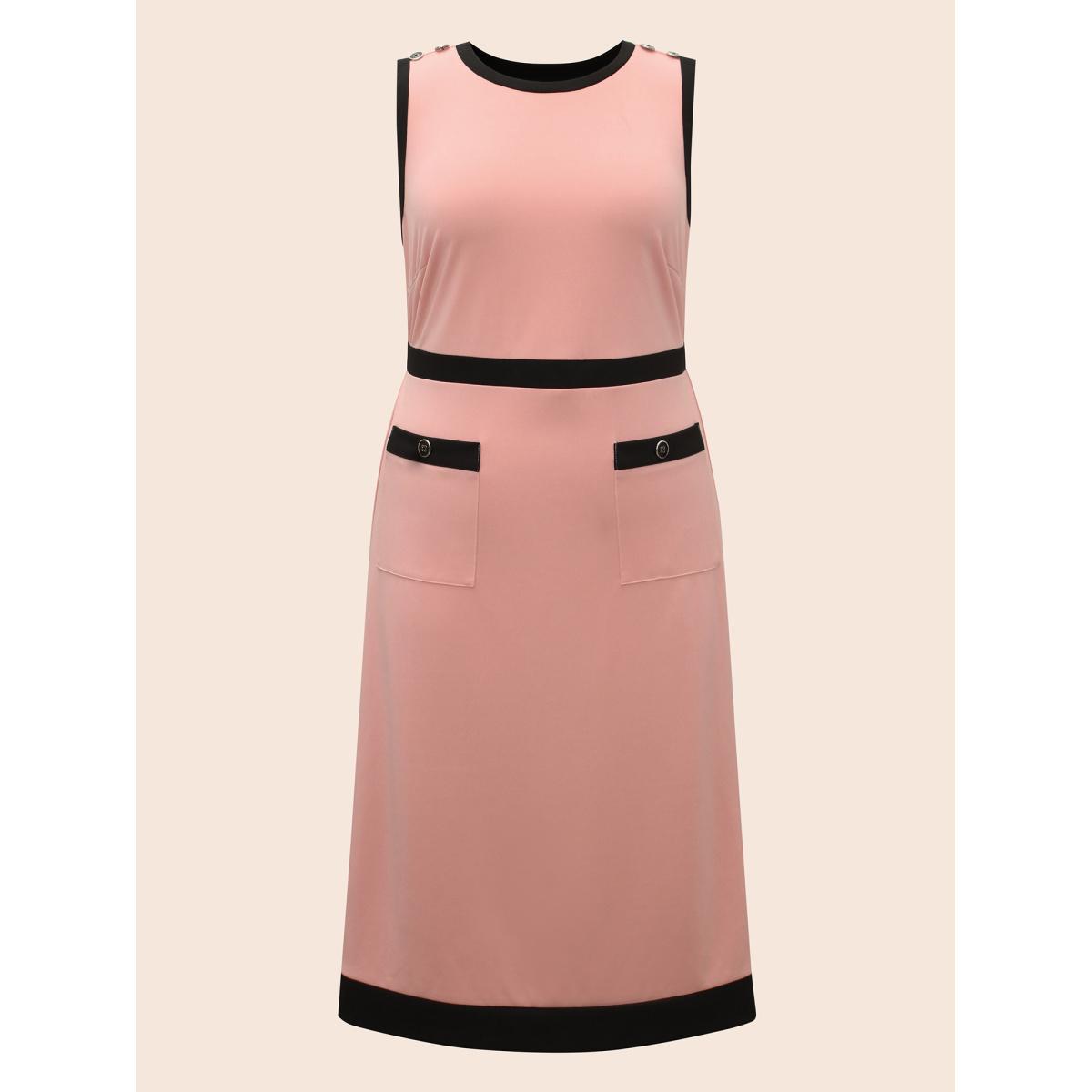 Plus Size Contrast Button Detail Tank Dress Lightpink Women Elegant Contrast Round Neck Sleeveless Curvy BloomChic 10/M Product Image