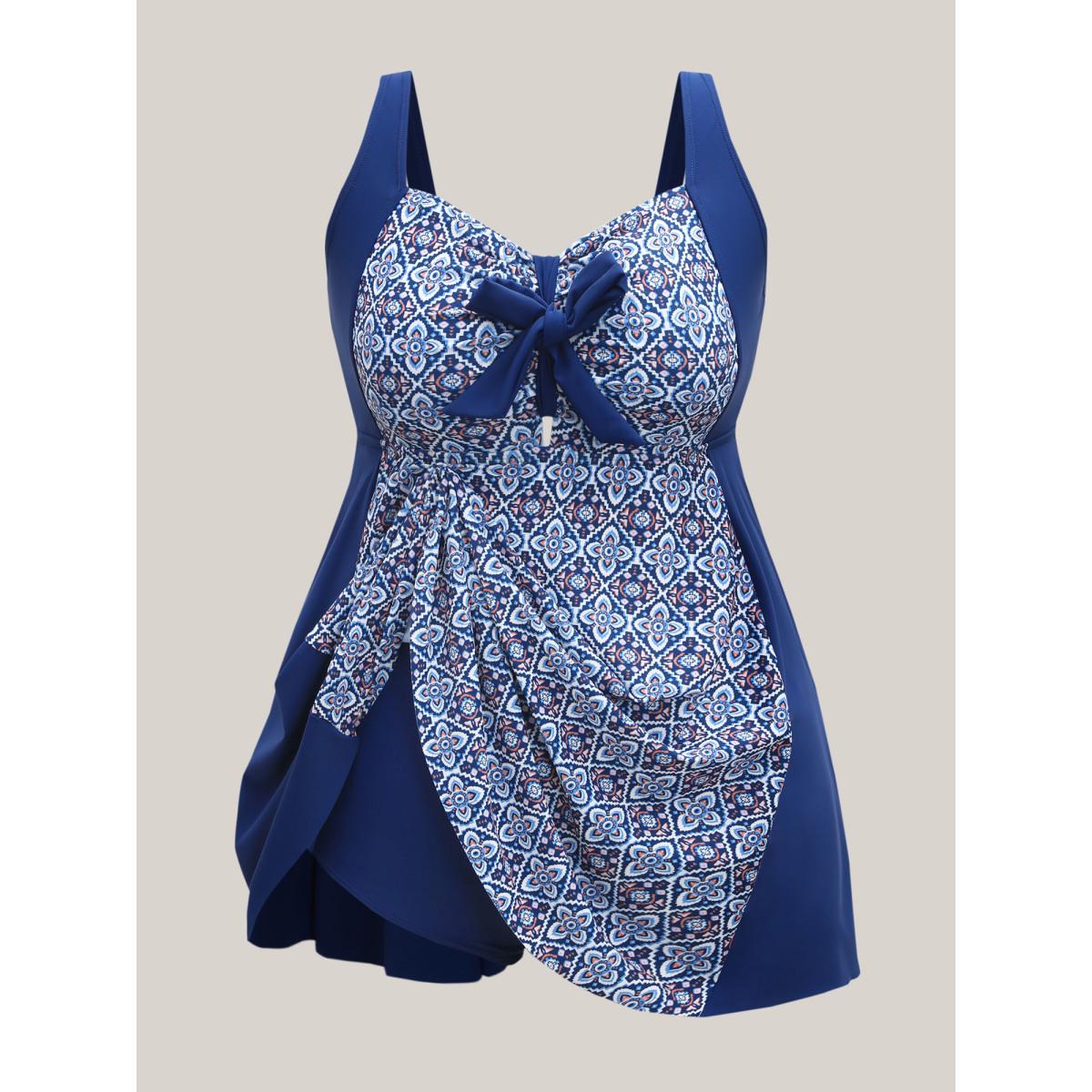 Plus Size Boho Print Adjustable Front Knot Swim Dress Women's Swimwear Indigo Beach Bodycon Heart neckline High stretch Curve Swim Dresses BloomChic 28/5X Product Image