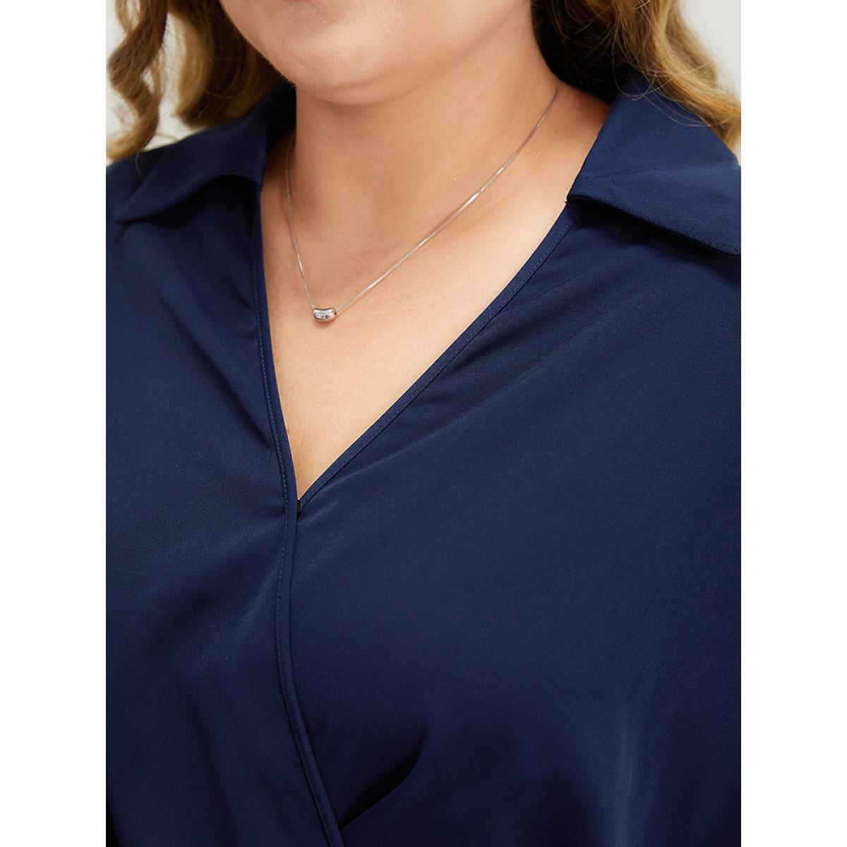 Plus Size Shirt Collar Split Hem Wrap Pocket Knot Gathered Dress DarkBlue Women Elegant Wrap Shirt collar Half Sleeve Curvy Midi Dress BloomChic 10/M Product Image