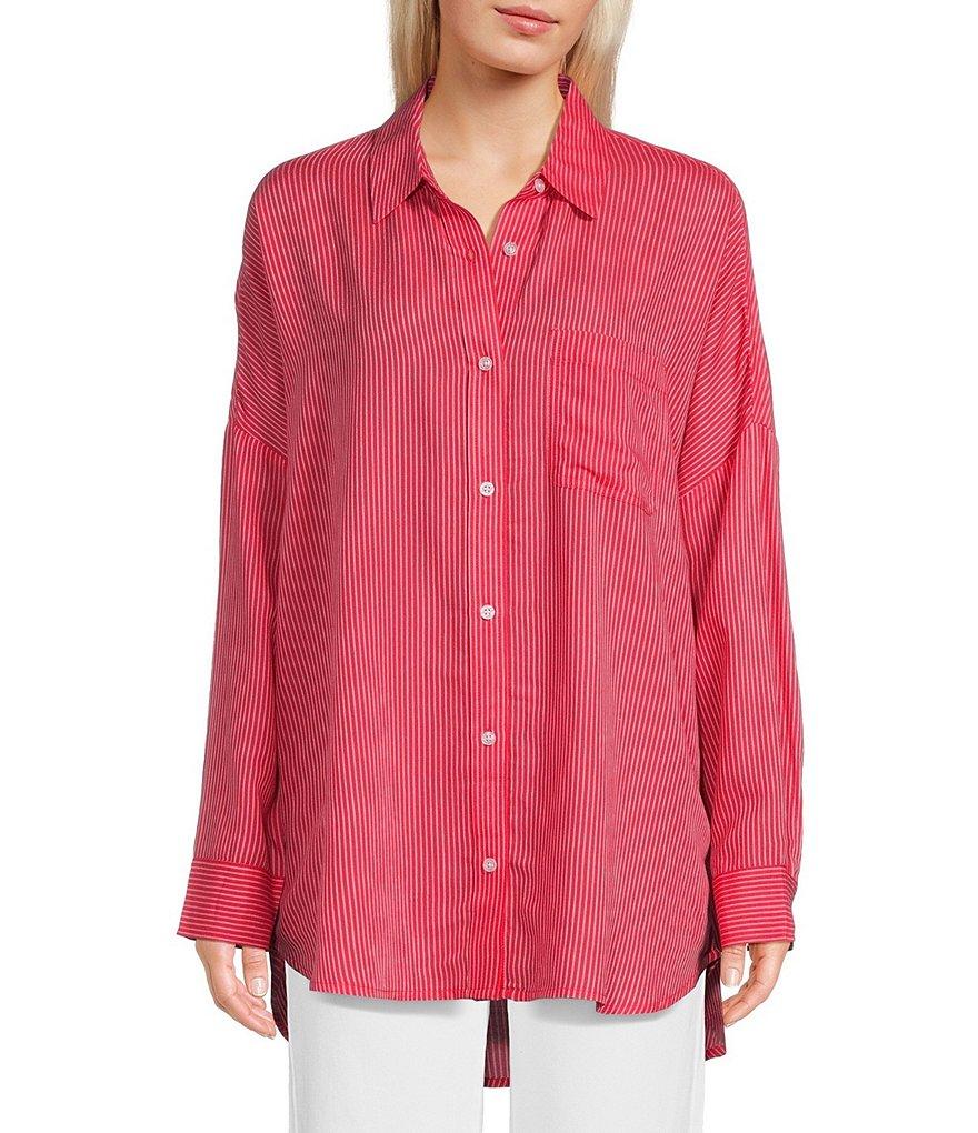 Copper Key Mini Stripe Print Oversized Fit Button-Front Woven Shirt Product Image