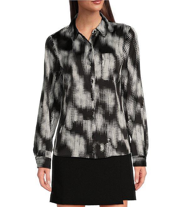 DKNY By Donna Karan Satin Crepe De Chine Point Collar Roll-Tab Sleeve Button Front Shirt Product Image
