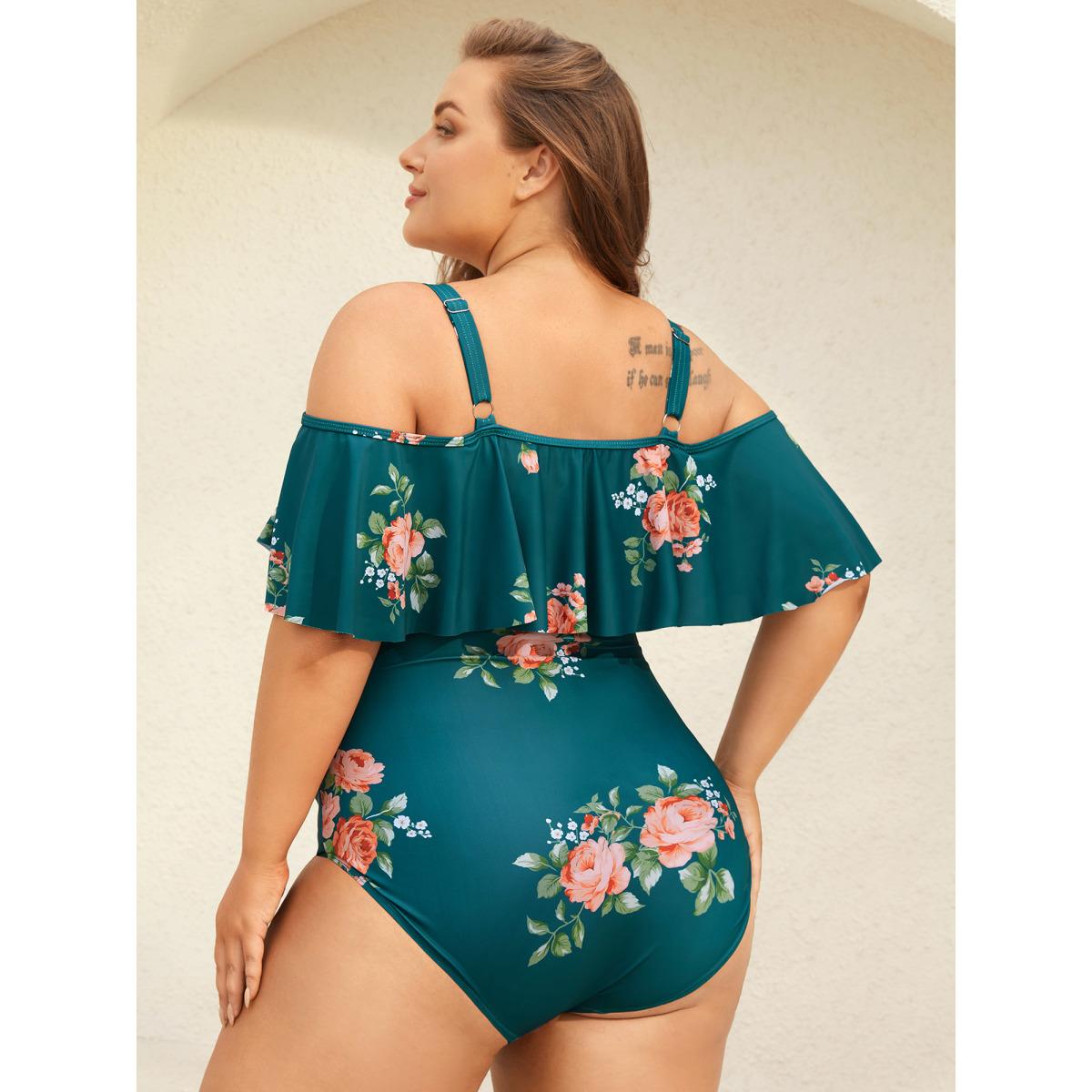 Plus Size Two-Piece Floral Ruffled Knotted One-Piece, Sarong Women's Swimwear Teal Resort Tie knot Curve Bathing Suits High stretch One Pieces BloomChic 14-16/1X Product Image