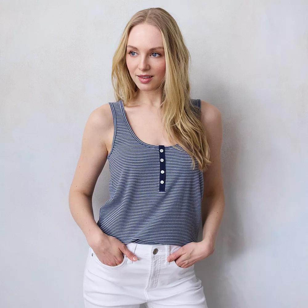 Petite LC Lauren Conrad Henley Tank Top, Women's, Size: XS Petite, Blue Amalfi Stripe Product Image