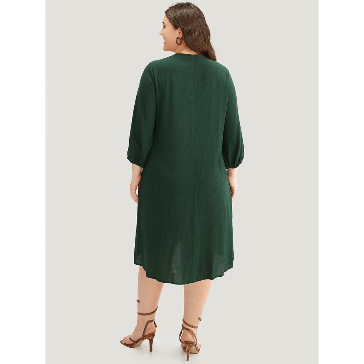 Plus Size Contrast Webbing Lace Up High Low Hem Dress DarkGreen Women Vacation Elastic cuffs Tie Neck Elbow-length sleeve Curvy Knee Dress BloomChic 18-20/2X Product Image