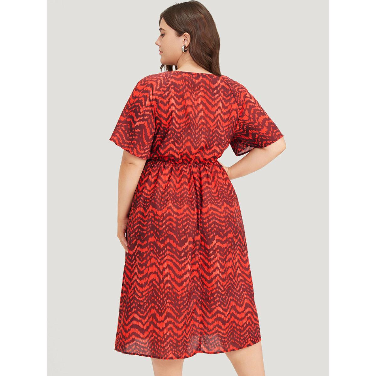 Plus Size Water Ripple Pocket Ruffle Sleeve Lace Dress Scarlet Women Elegant Gathered V-neck Short sleeve Curvy Midi Dress BloomChic 12/L Product Image