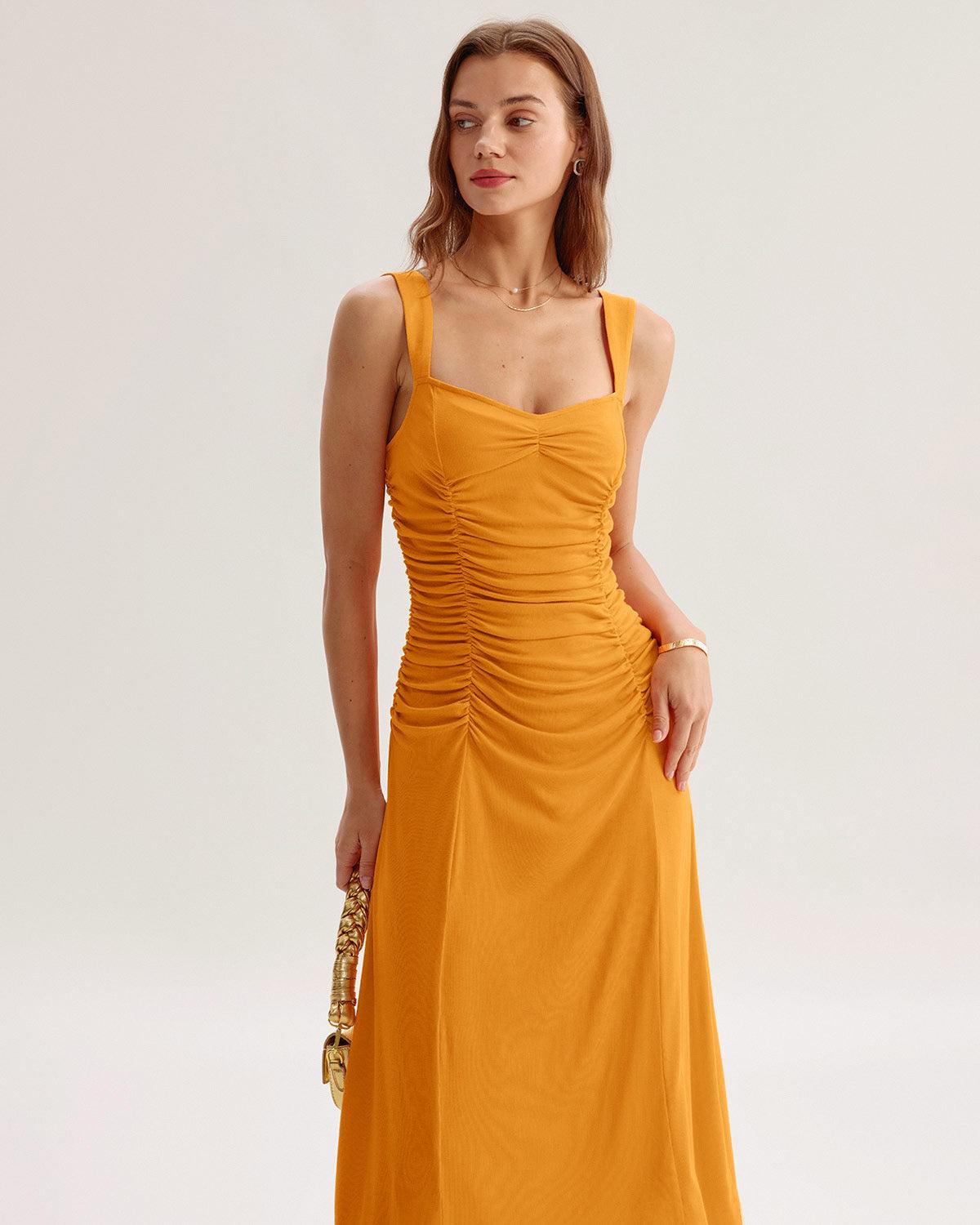 Orange Ruched Knitted Slip Midi Dress Product Image