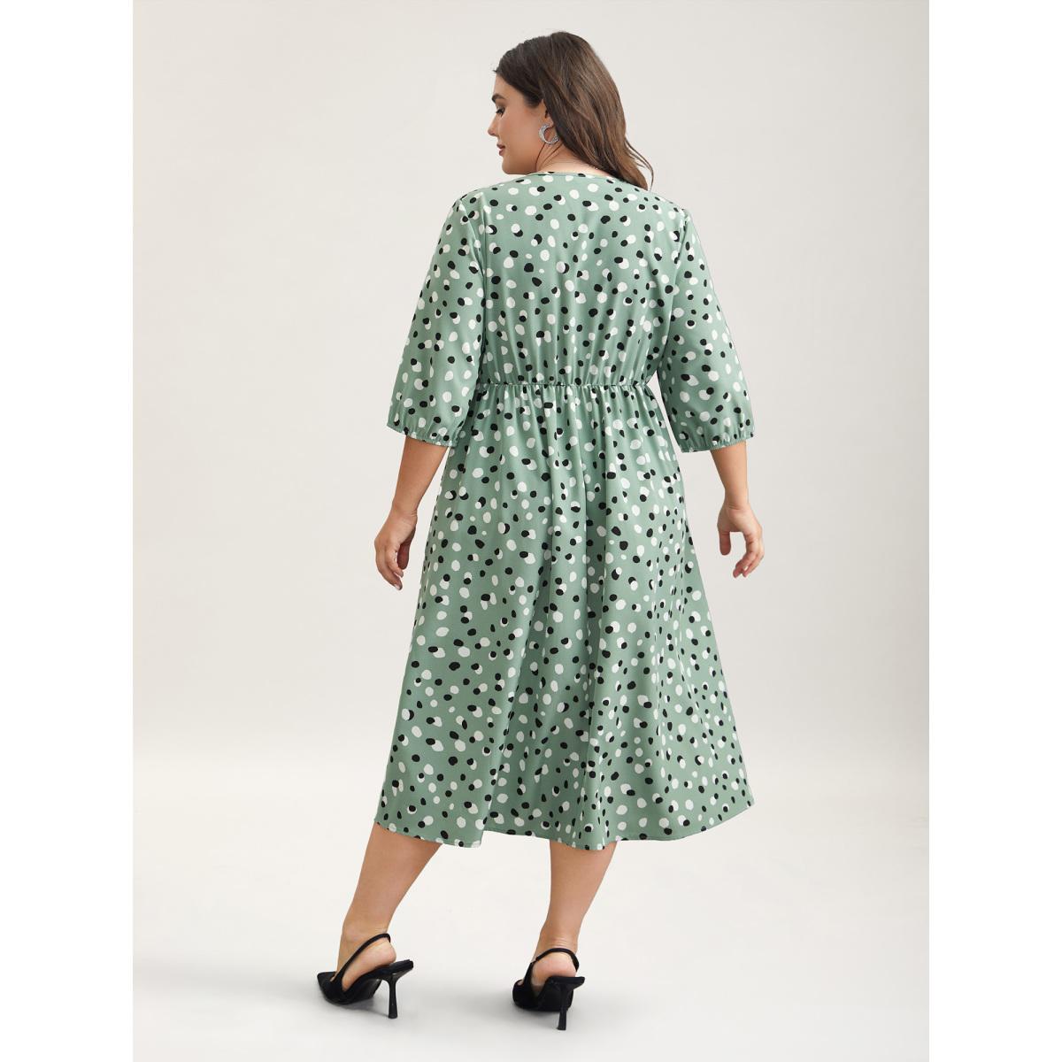Plus Size Dots Print Surplice Neck Midi Dress Greenbean Women At the Office Non Overlap Collar Elbow-length sleeve Curvy BloomChic 26/4X Product Image