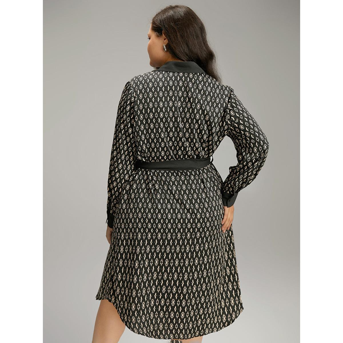 Plus Size Geometric Patched Pocket Arc Hem Dress Black Women Office Belted Shirt collar Long Sleeve Curvy Midi Dress BloomChic 10/M Product Image