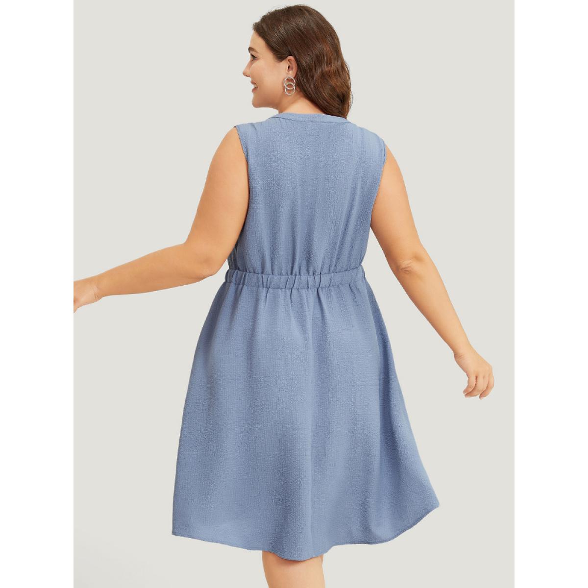 Plus Size Plain Textured Button Up Pocket Notched Neck Tank Dress Stone Women Office Elastic Waist Notched collar Sleeveless Curvy Knee Dress BloomChic 14-16/1X Product Image