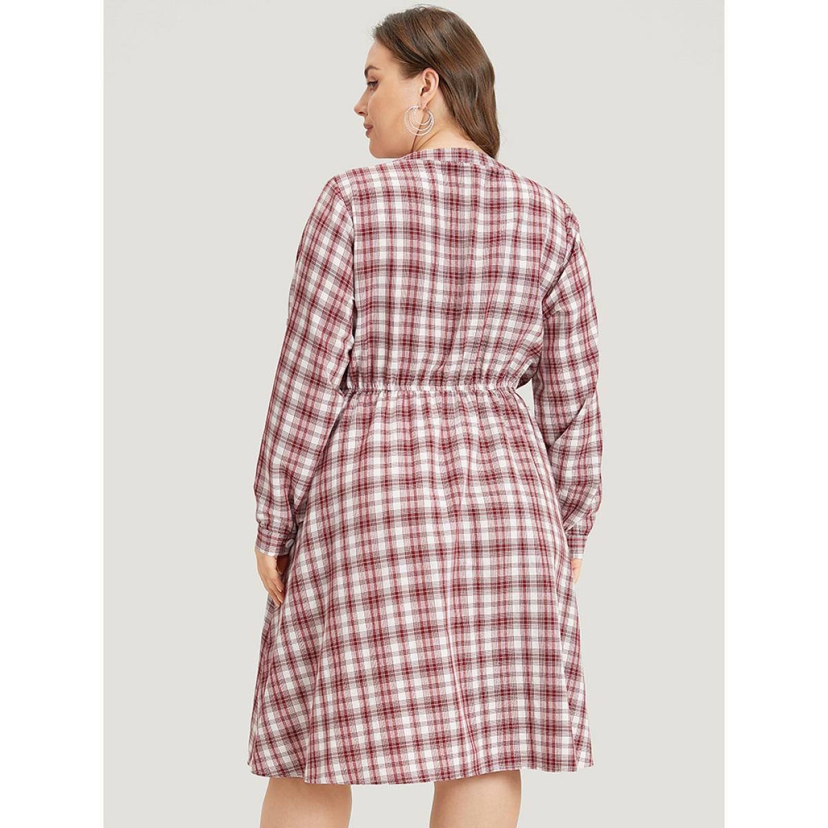 Plus Size Plaid Drawstring Zipper Notched Tab Sleeve Dress Raspberry Women Elegant Zipper Notched collar Long Sleeve Curvy Knee Dress BloomChic 12/L Product Image