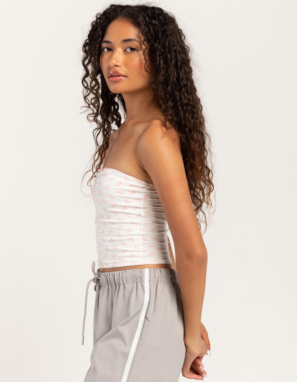 FULL TILT Bow Print Womens Cinch Tube Top - PNK/WHT Product Image
