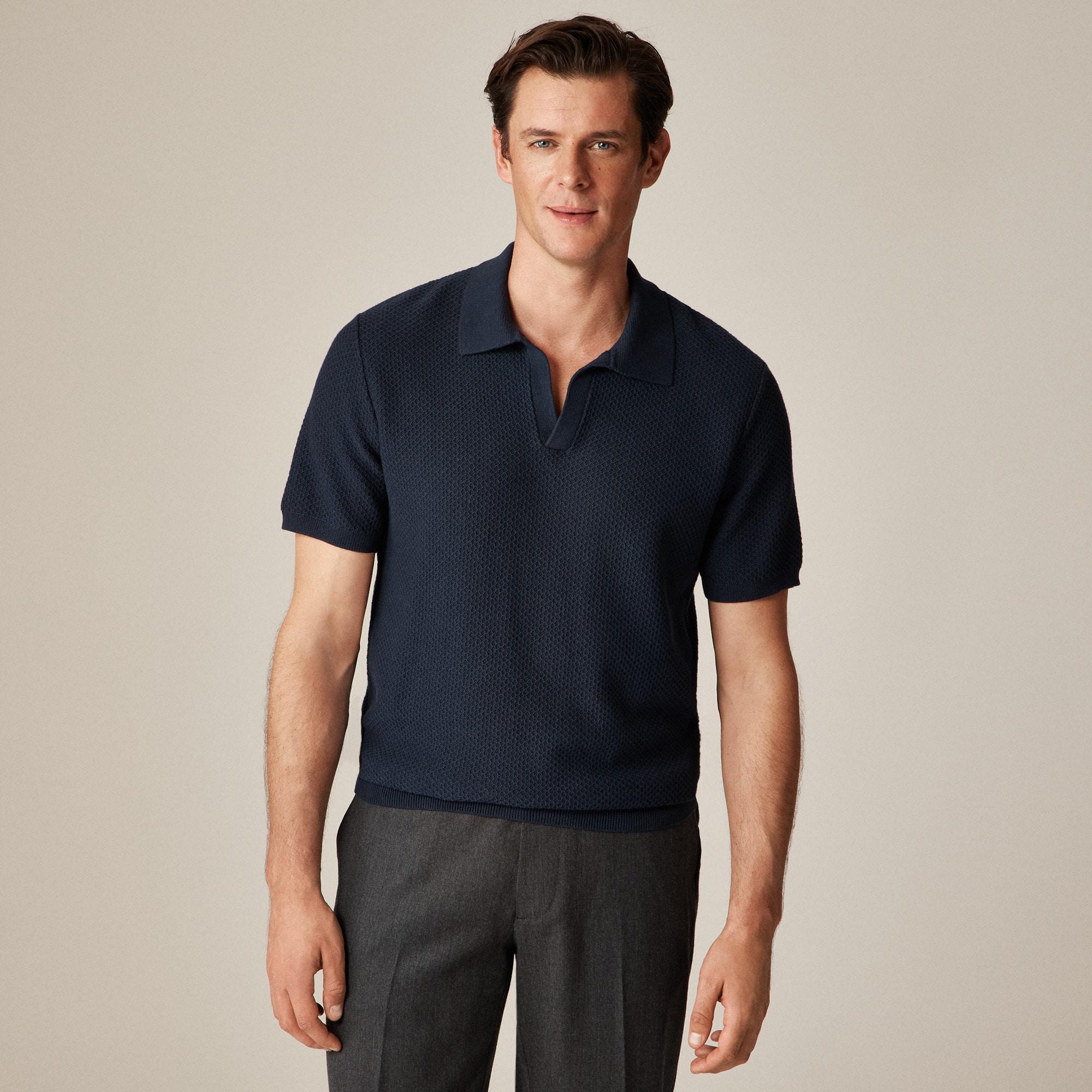 Short-sleeve textured-stitch cotton johnny-collar sweater-polo Product Image