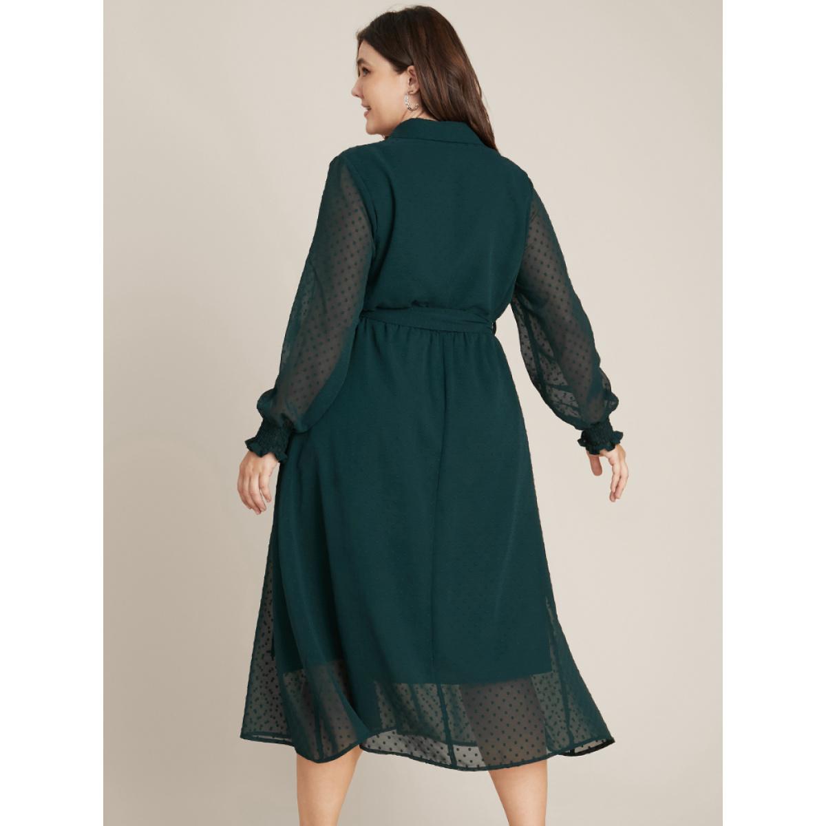 Plus Size Polka Dot Shirred Button Mesh Belted Shirt Collar Dress DarkGreen Women Glamour Elastic Waist Shirt collar Long Sleeve Curvy Midi Dress BloomChic 26/4X Product Image