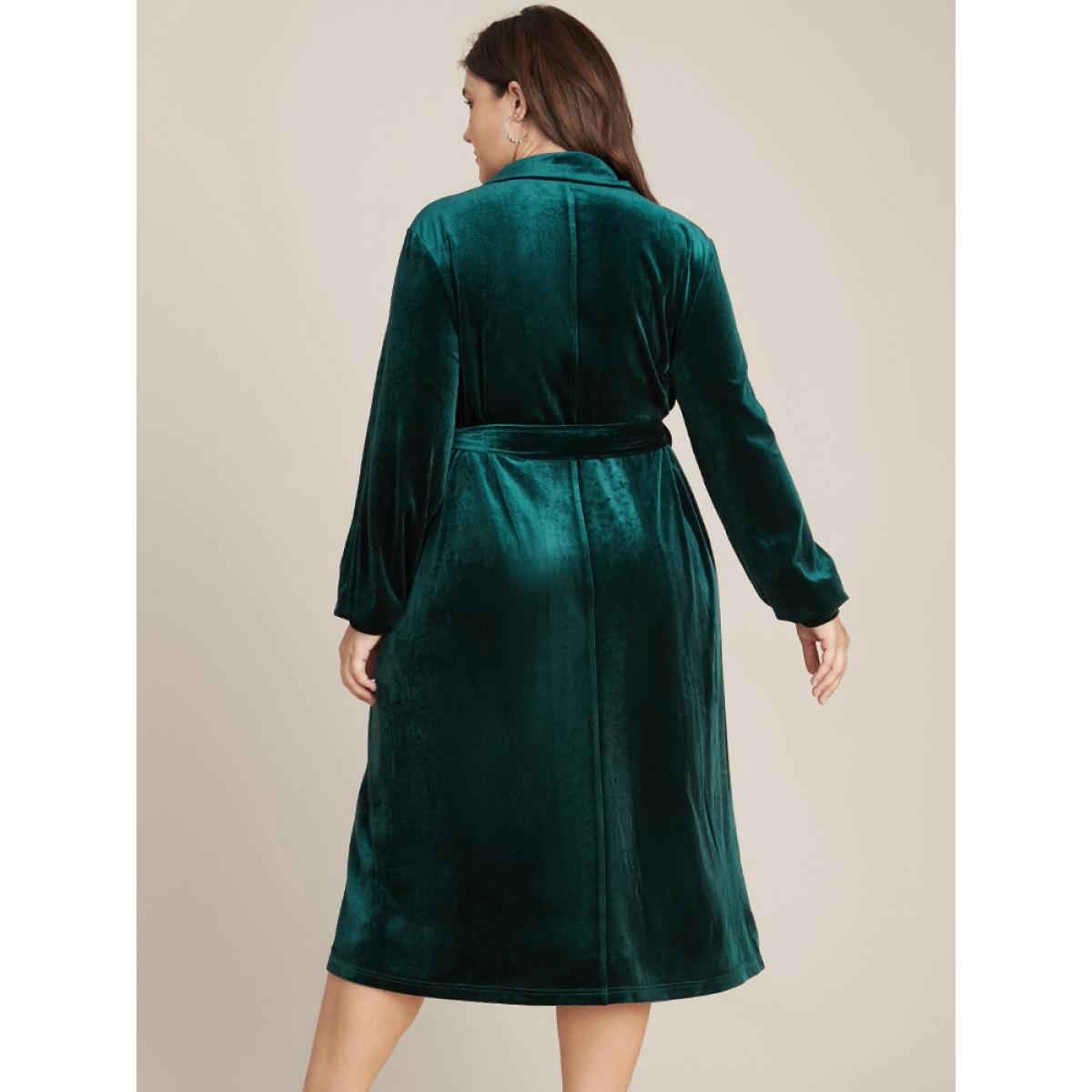 Plus Size Solid Shirt Collar Pocket Button Up Belted Velvet Dress DarkGreen Women Party Shirt collar Long Sleeve Curvy Midi Dress BloomChic 18-20/2X Product Image