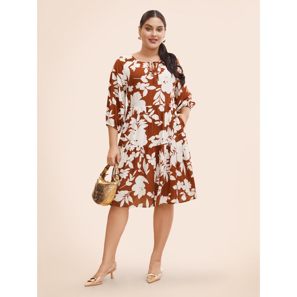 Plus Size Silhouette Floral Print Knot Neck Lantern Sleeve Dress Russet Women Office Elastic cuffs Round Neck Half Sleeve Curvy Midi Dress BloomChic 14-16/1X Product Image