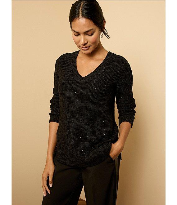 NIC + ZOE Shimmer Waffle Knit V-Neck Long Sleeve Sweater Product Image