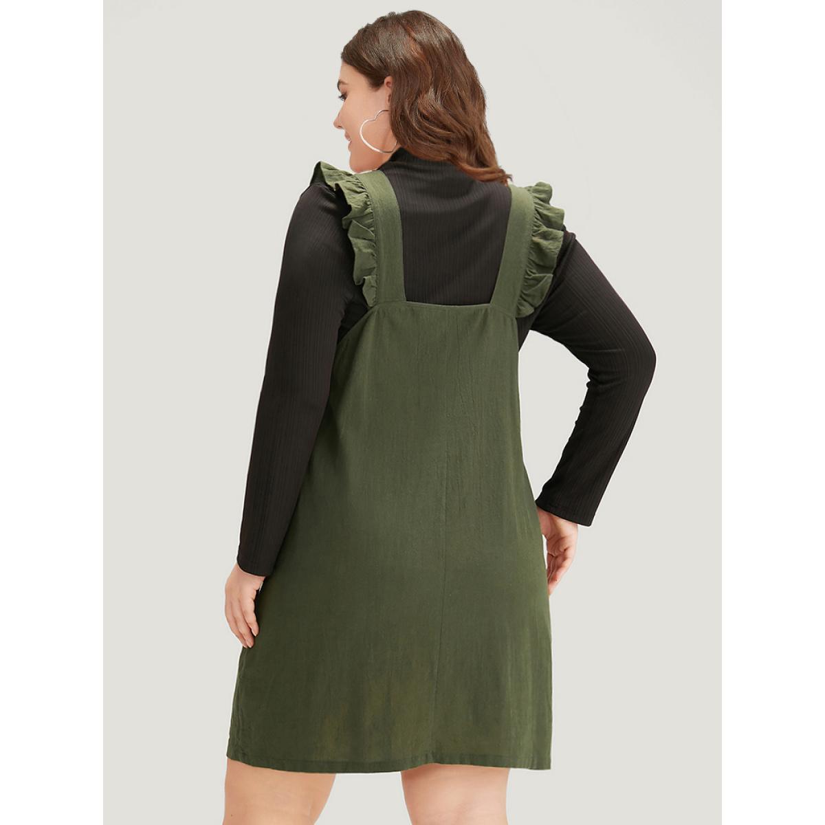 Plus Size Solid Square Neck Button Up Pocket Ruffle Trim Cami Dress ArmyGreen Women Casual Plain Spaghetti Strap Sleeveless Curvy Knee Dress BloomChic 10/M Product Image