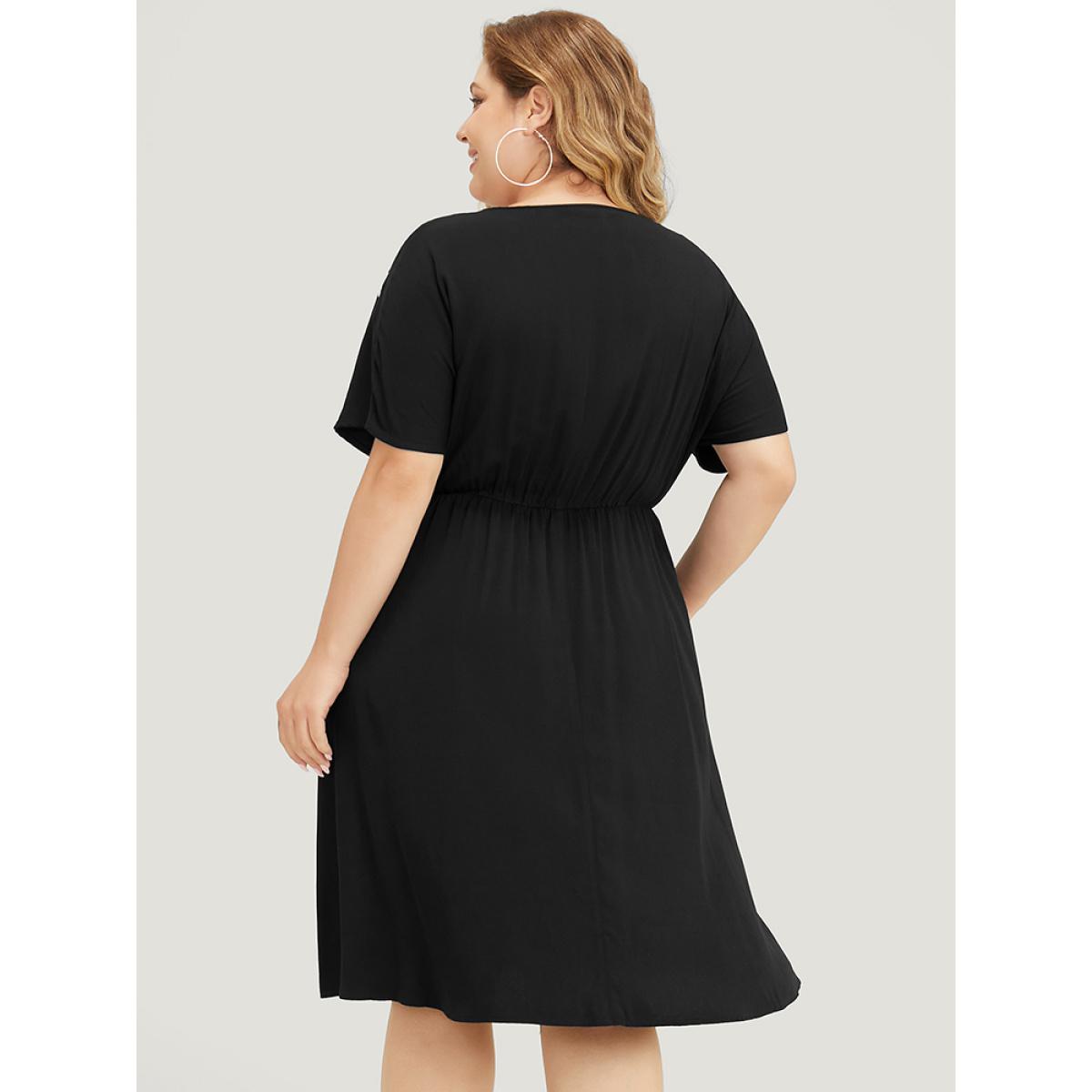 Plus Size Floral Embroidered Pocket Dolman Sleeve Ruffle Dress Black Women Vacation Embroidered V-neck Short sleeve Curvy Knee Dress BloomChic 22-24/3X Product Image