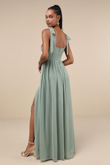 Radiant Charisma Sage Brush Chiffon Ruched Tie-Strap Maxi Dress Product Image