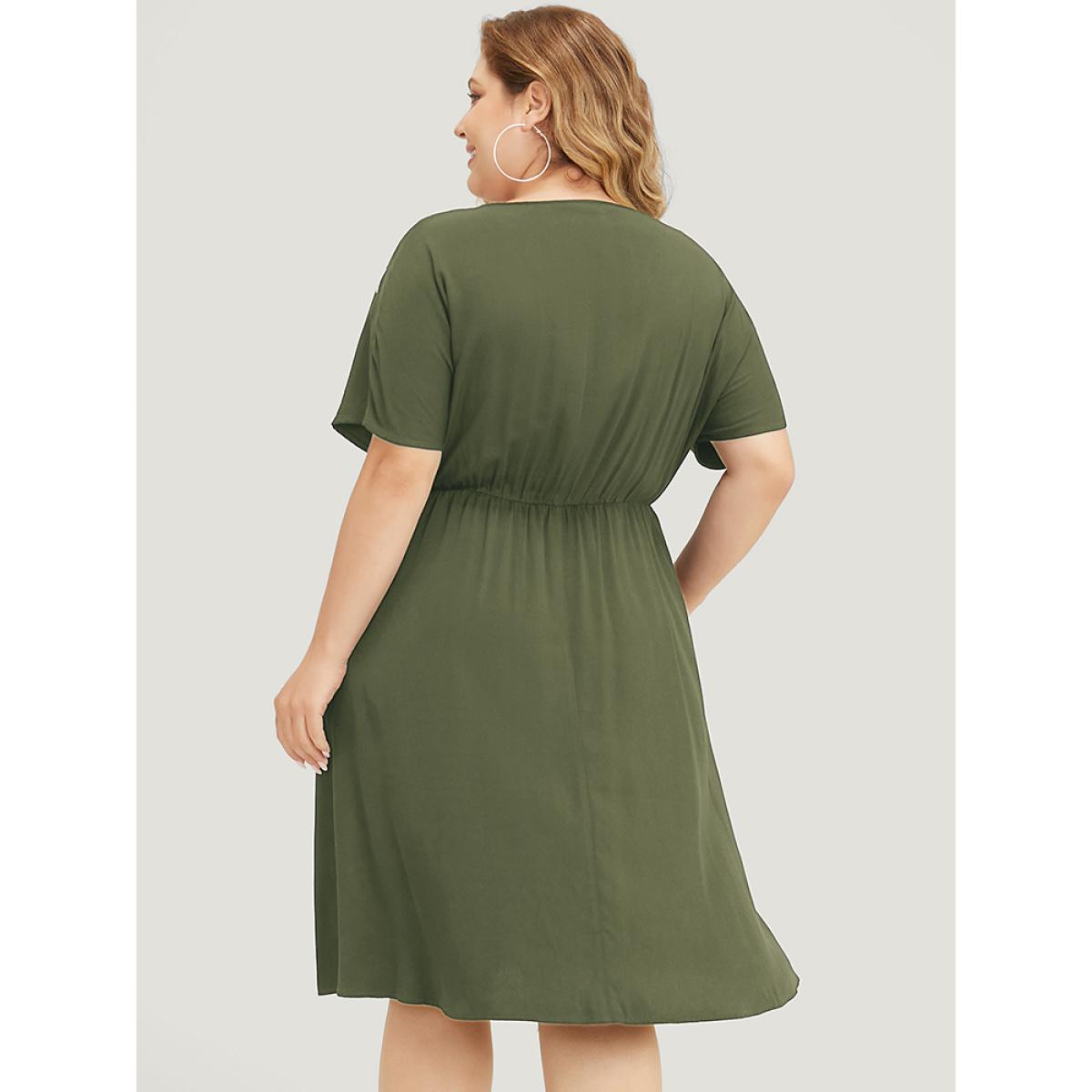 Plus Size Floral Embroidered Pocket Dolman Sleeve Ruffle Dress ArmyGreen Women Vacation Embroidered V-neck Short sleeve Curvy Knee Dress BloomChic 14-16/1X Product Image