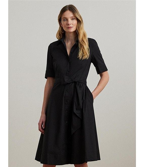 Lauren Ralph Lauren Stretch Cotton Blend Point Collar Elbow Length Sleeve Button Front Shirt Dress Product Image
