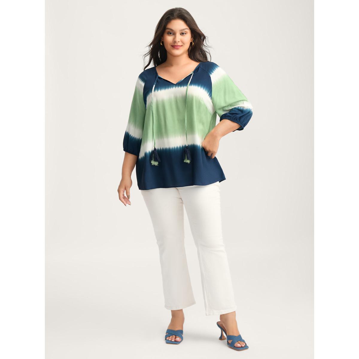 Plus Size Multicolor Ombre Gradient Neck Tie Blouse Women Elbow-length sleeve V-neck Everyday-Elegant Blouses BloomChic 28/5X Product Image