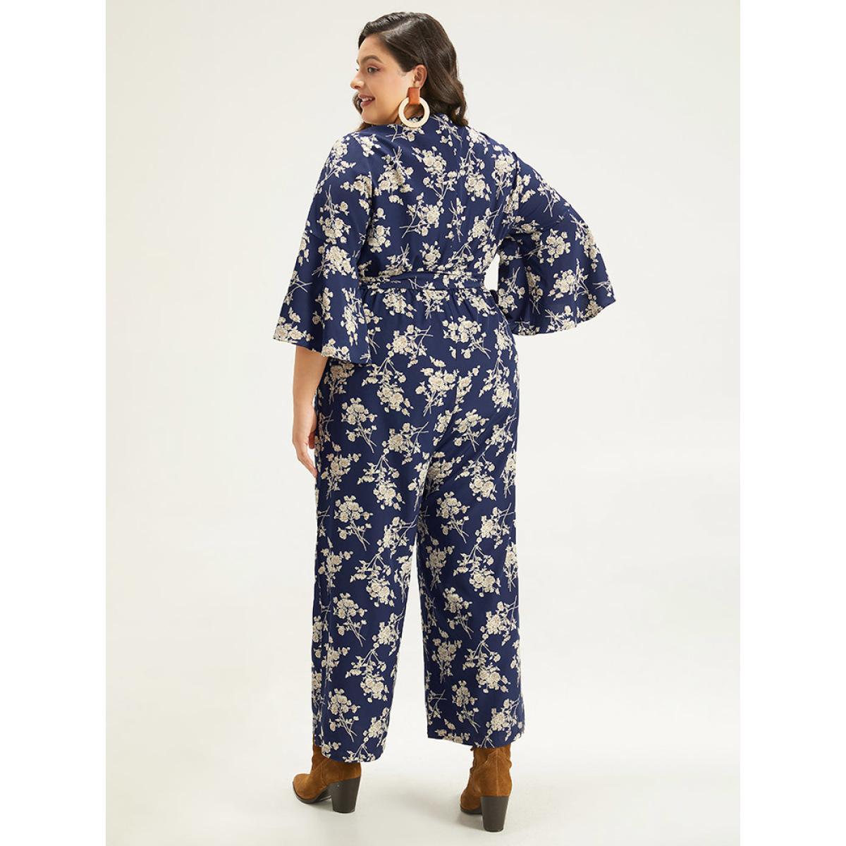 Plus Size DarkBlue Floral Print Bell Sleeve Pocket Belted Jumpsuit Women Elegant Elbow-length sleeve V-neck Dailywear Loose Jumpsuits BloomChic 30/6X Product Image