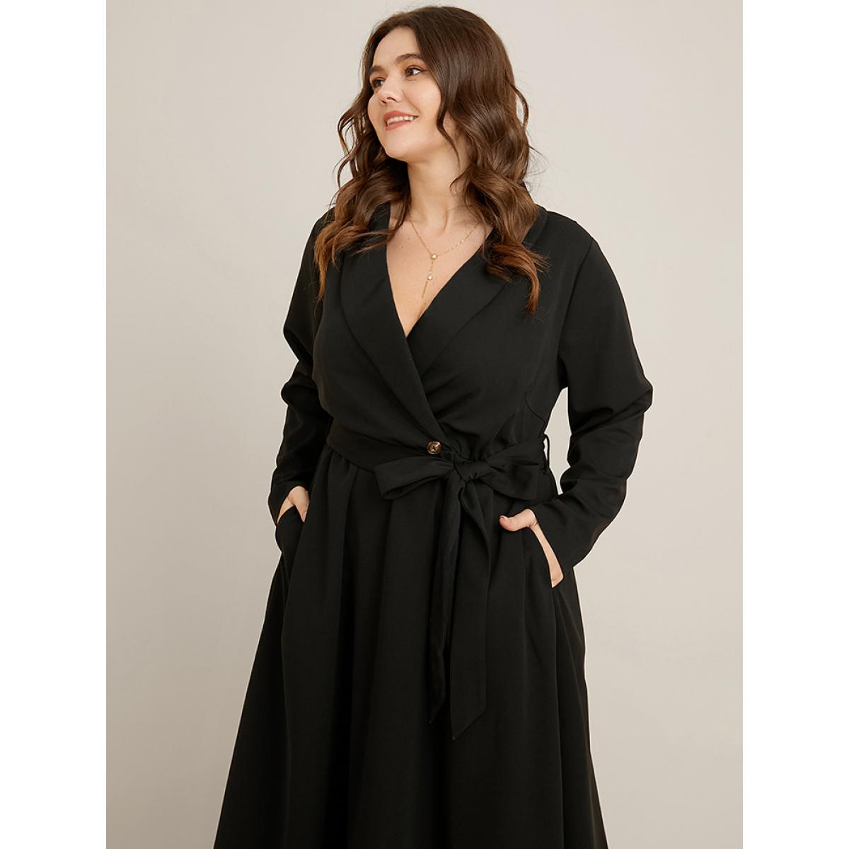 Plus Size Solid Pocket Belted Surplice Neck Flutter Dress Black Women Office Belted V-neck Long Sleeve Curvy Midi Dress BloomChic 26/4X Product Image