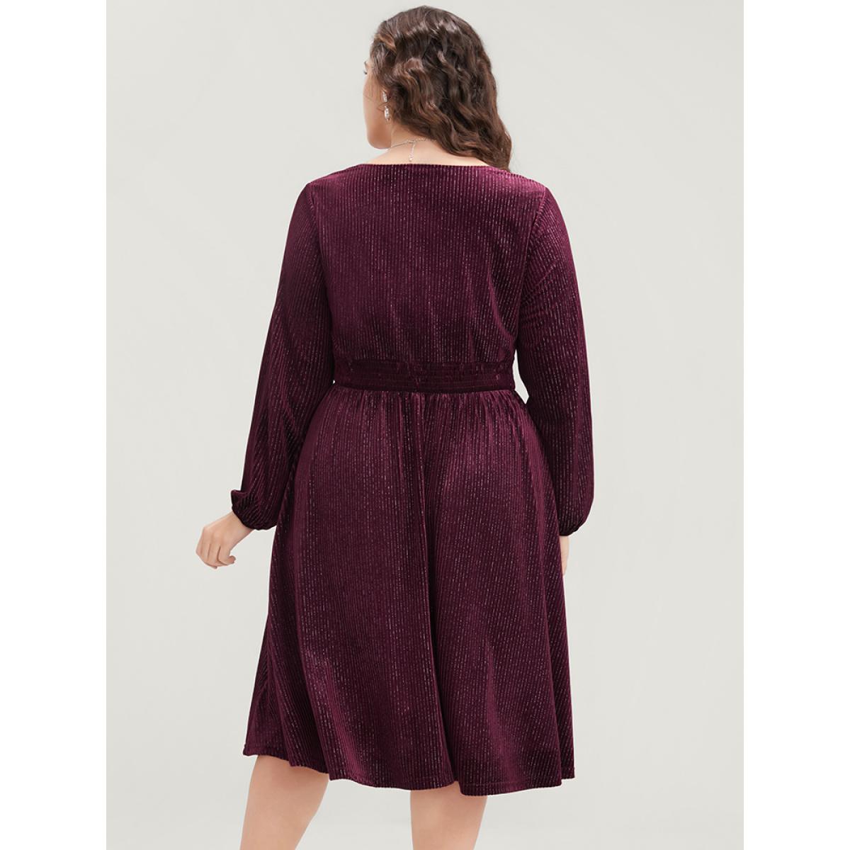 Plus Size Glitter Lantern Sleeve Surplice Neck Shirred Dress Burgundy Women Party Plain V-neck Long Sleeve Curvy Knee Dress BloomChic 18-20/2X Product Image