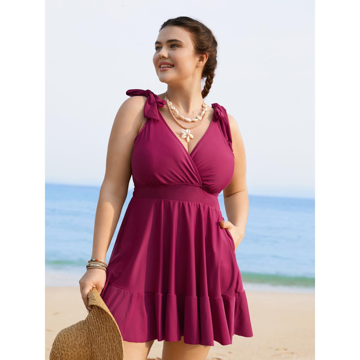 Plus Size Solid Tie Knot Pocket Ruffles Swim Dress Women's Swimwear RedViolet Beach Bodycon Overlap Collar High stretch Curve Swim Dresses BloomChic 12/L Product Image