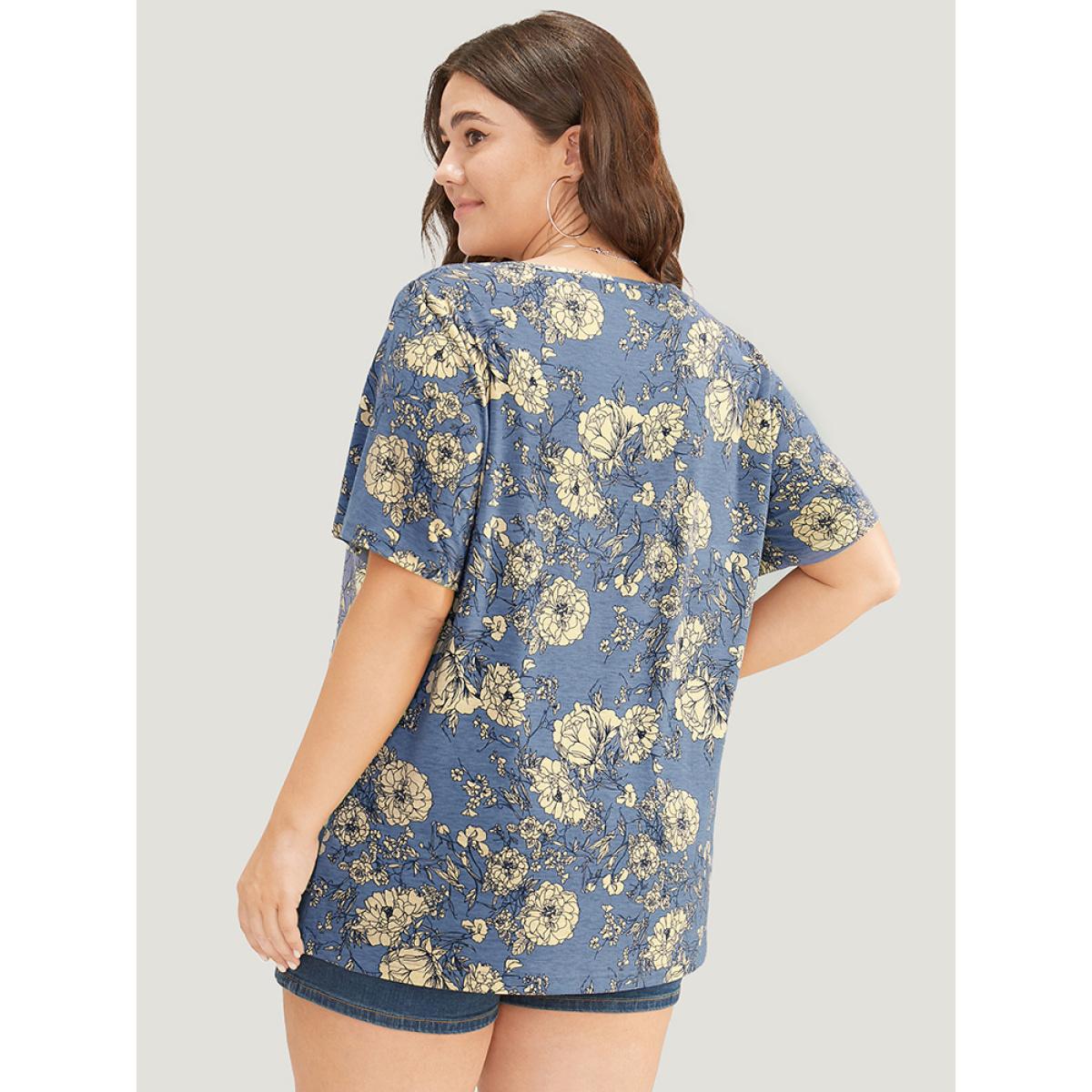 Plus Size Floral Print Mesh Insert Flutter Sleeve T-shirt Aegean Women Elegant See through Floral V-neck Dailywear T-shirts BloomChic 10/M Product Image