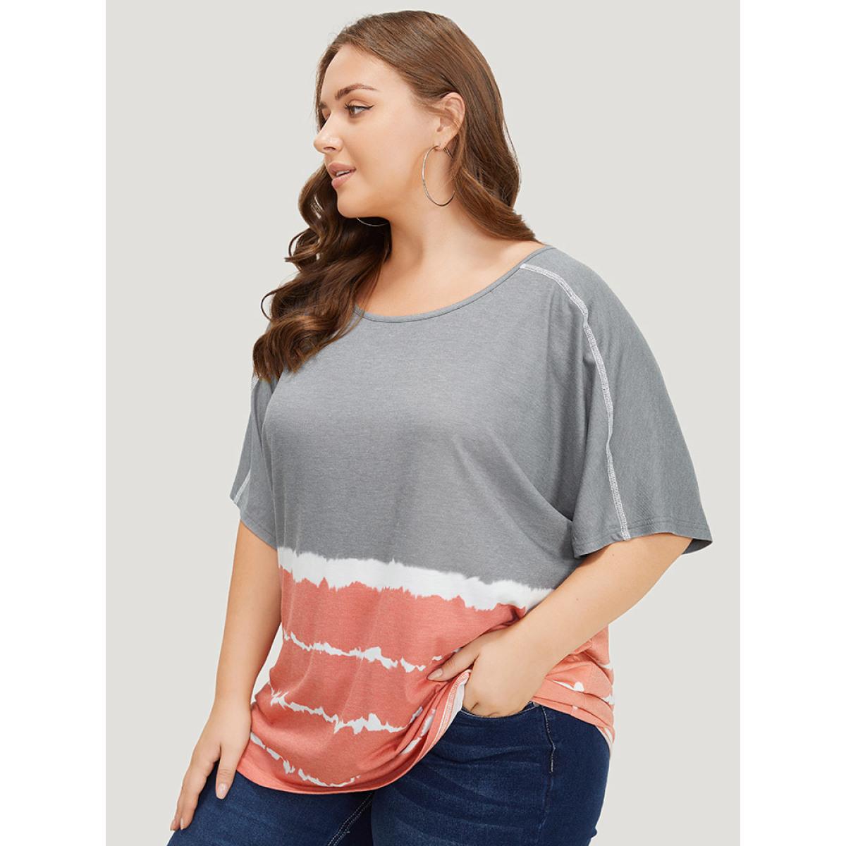 Plus Size Tie Dye Contrast Stitched Batwing Sleeve Striped T-shirt Multicolor Women Casual Tie Dye Striped Round Neck Loose Dailywear T-shirts BloomChic 22-24/3X Product Image