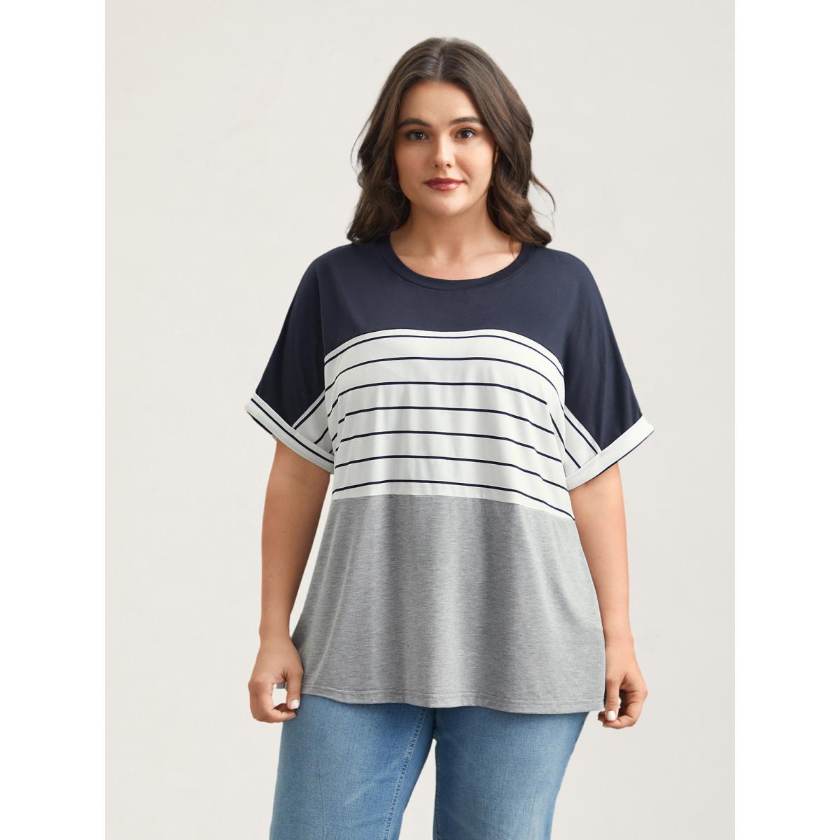 Plus Size Color-Block Stretchy Stripes T-Shirt DarkBlue Women Leisure Contrast Round Neck Casual T-shirts BloomChic 14-16/1X Product Image