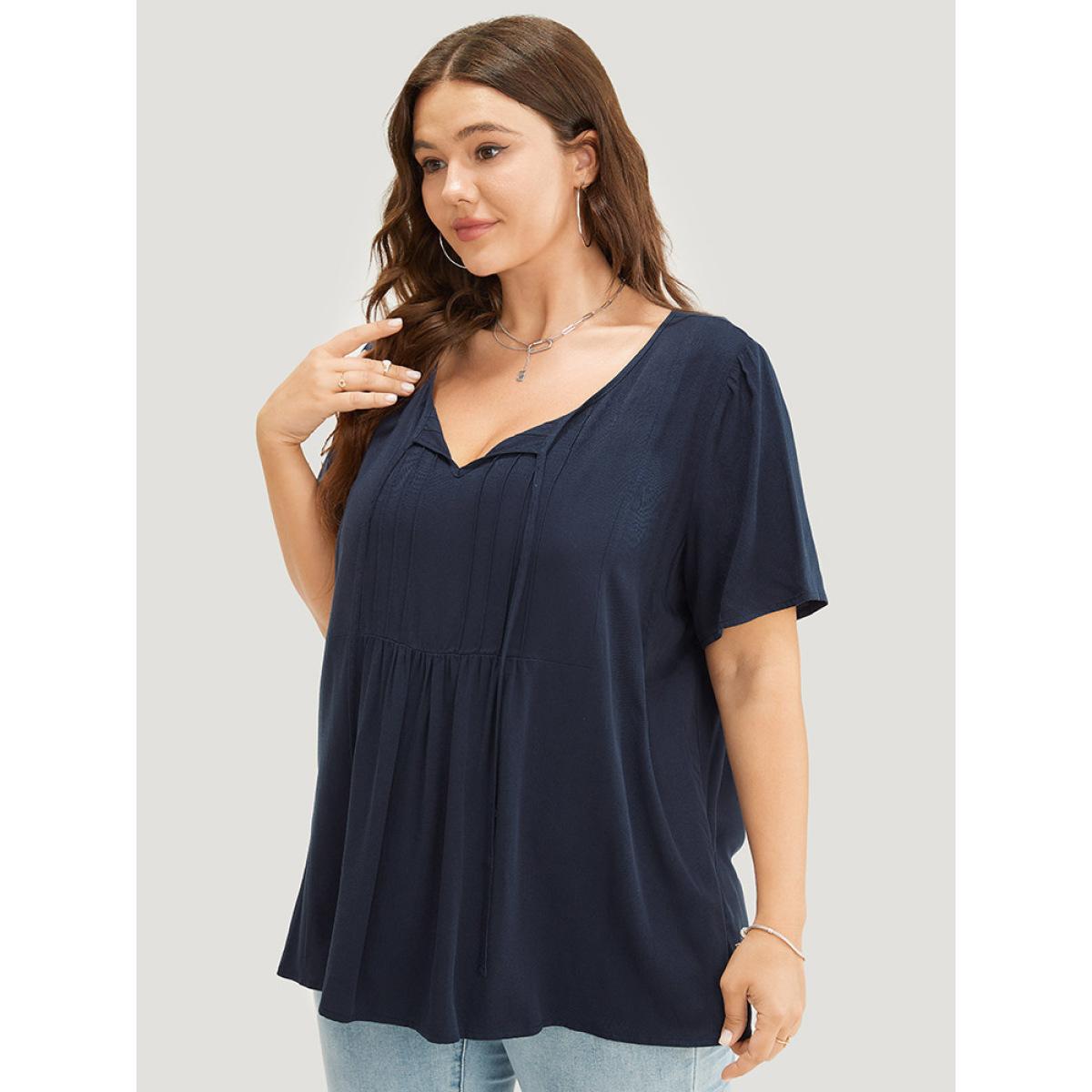 Plus Size Indigo Solid Pleated Detail Tie Neck Ruffle Blouse Women Office Short sleeve Tie Neck Dailywear Blouses BloomChic 10/M Product Image