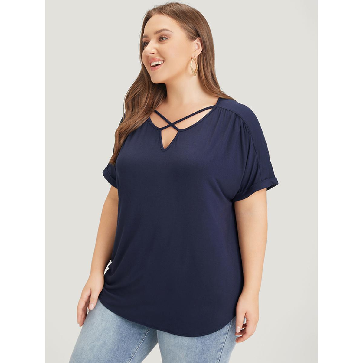 Plus Size Solid Notched Crisscross Roll Batwing Sleeve T-shirt Midnight Women Elegant Arc Hem Plain Notched collar Dailywear T-shirts BloomChic 14-16/1X Product Image