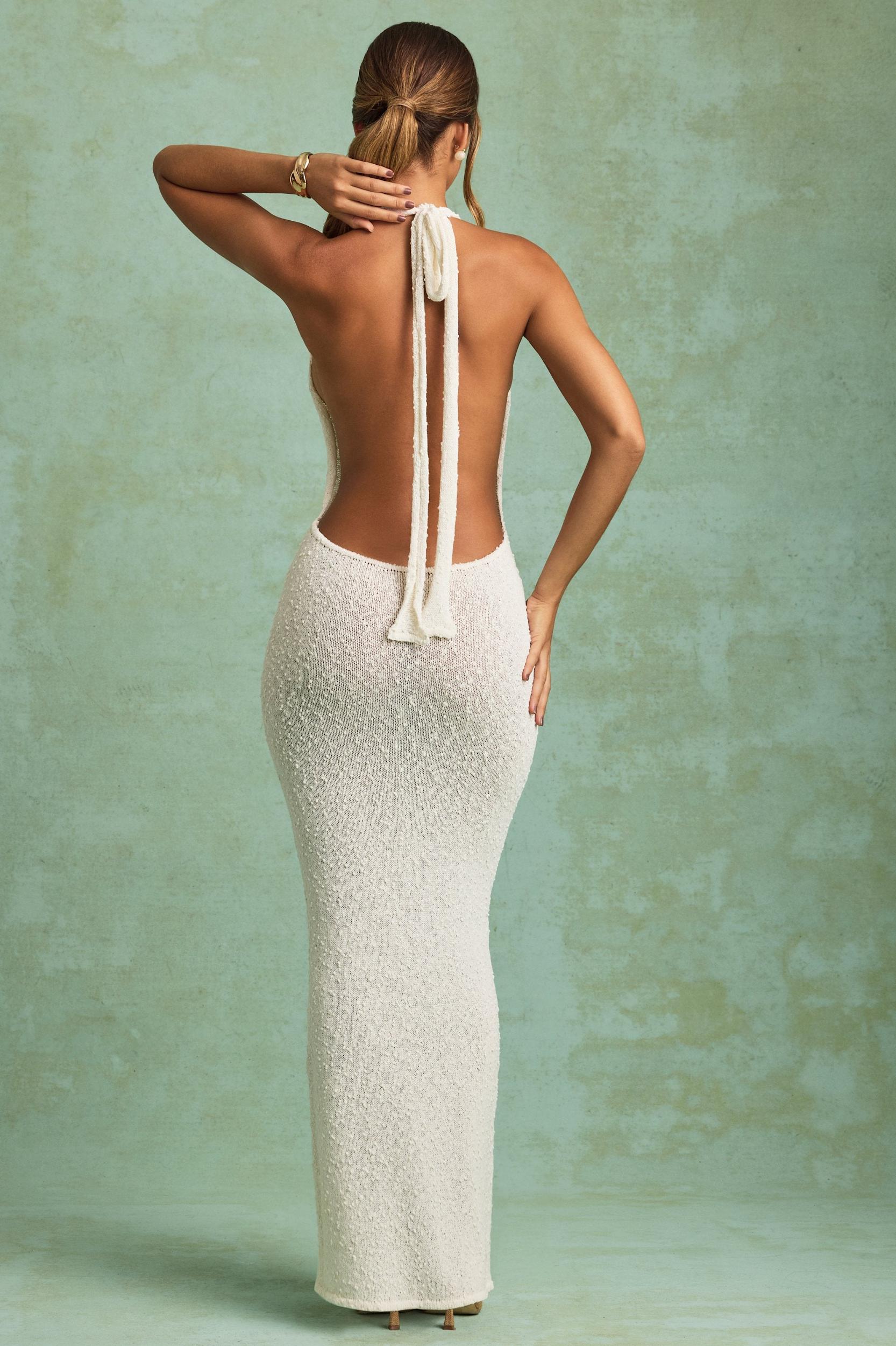 Bouclé Halterneck Maxi Dress in White Girls Product Image
