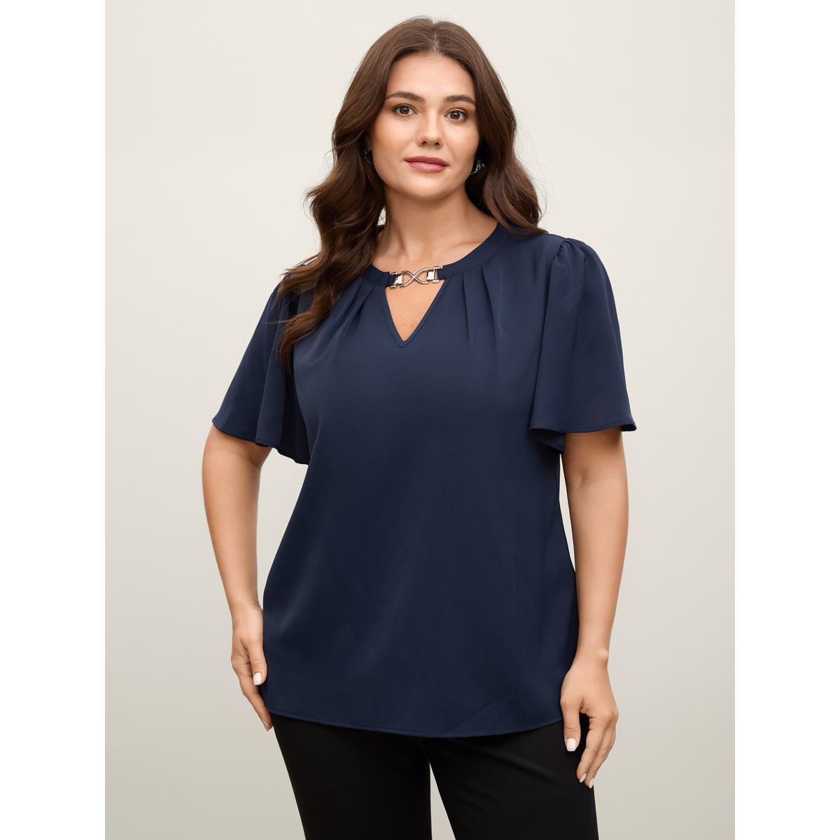 Plus Size DarkBlue Metal Clasp Neckline Lotus Leaf Sleeve Blouse Women Office Short sleeve Non Office Blouses BloomChic 18-20/2X Product Image