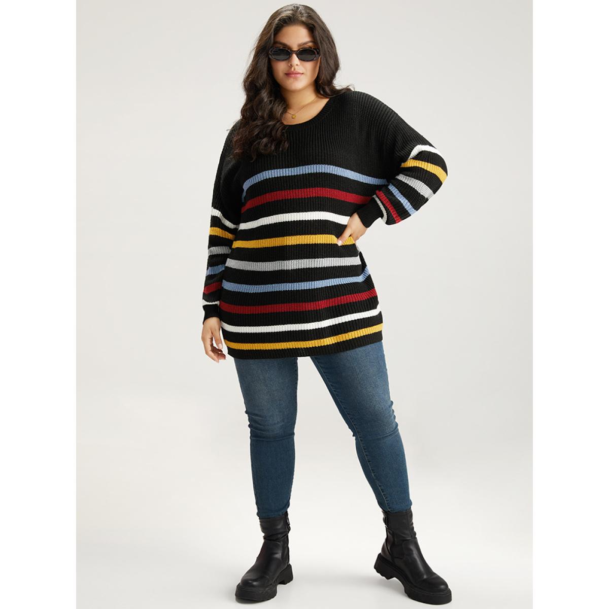 Plus Size Rainbow Striped Drop Shoulder Lantern Sleeve Pullover Multicolor Women Casual Loose Long Sleeve Round Neck Dailywear Pullovers BloomChic 28/5X Product Image