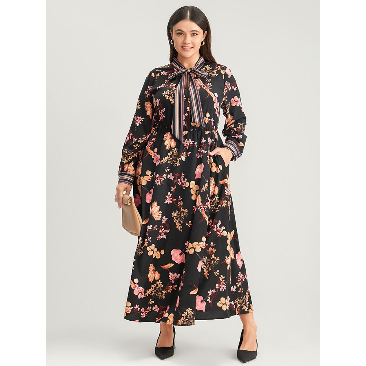 Plus Size Floral Keyhole Pocket Knotted Neck Split Dress Black Women Elegant Knotted Tie Neck Long Sleeve Curvy Long Dress BloomChic 14-16/1X Product Image