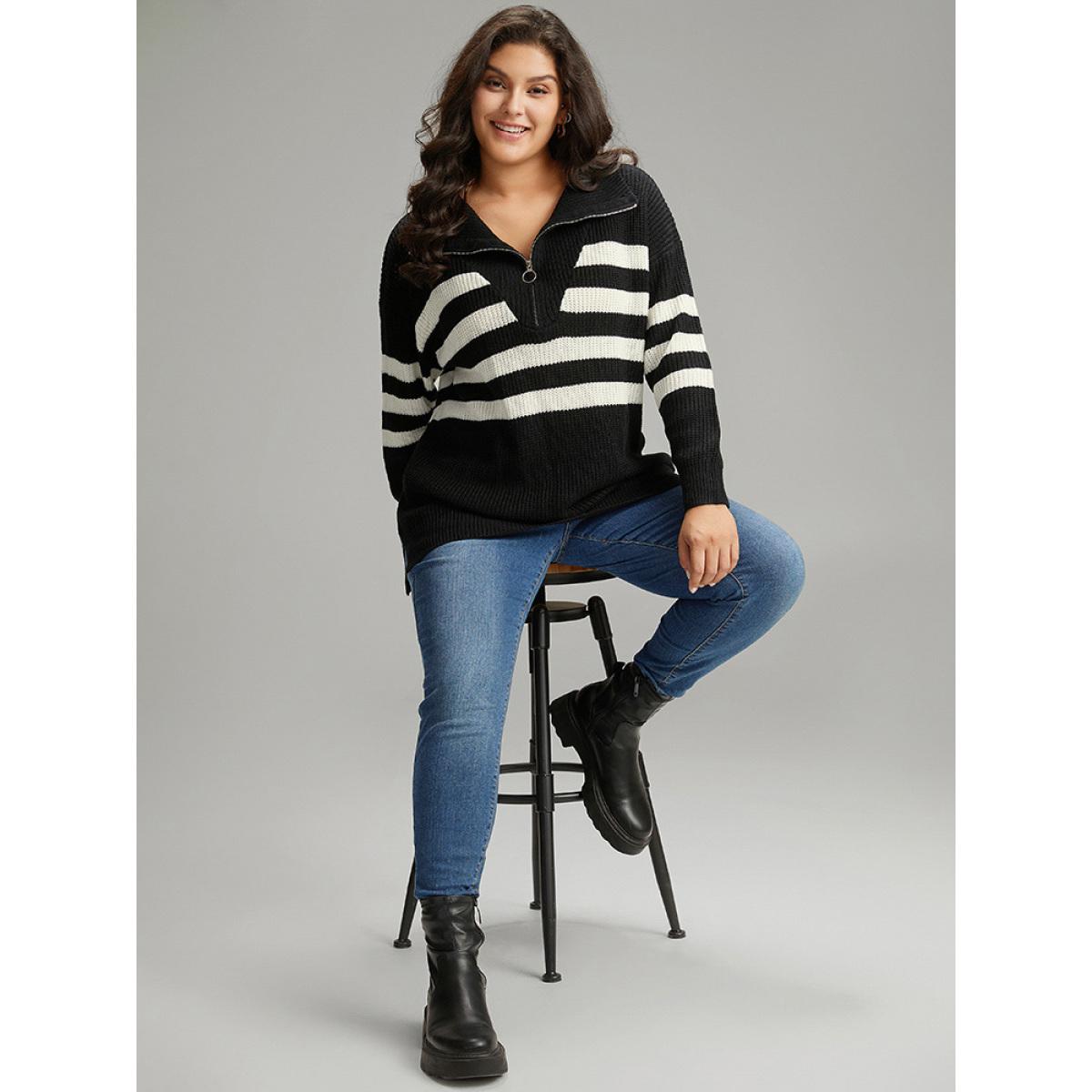 Plus Size Striped Zipper Lapel Collar Drop Shoulder Pullover Black Women Casual Loose Long Sleeve Lapel Collar Dailywear Pullovers BloomChic 14-16/1X Product Image