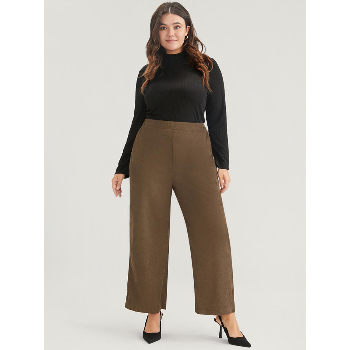 Plus Size Solid Pocket Elastic Waist Corduroy Pants Women Tan Office Mid Rise Office Pants BloomChic 14-16/1X Product Image