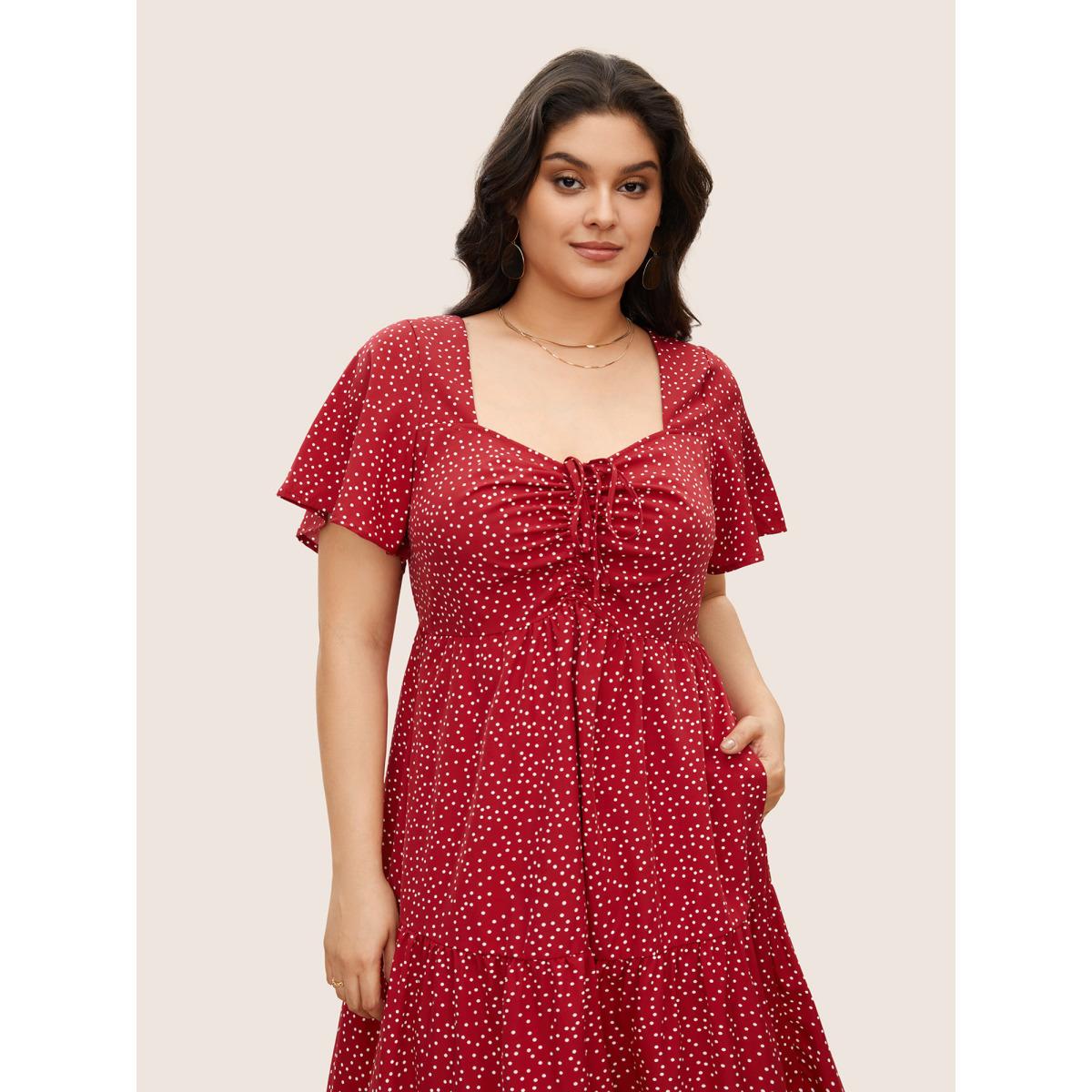Plus Size Polka Dot Drawstring Ruffle Tiered Ruched Pocket Midi Dress Red Women Elegant Non Heart neckline Short sleeve Curvy Midi Dress BloomChic 12/L Product Image