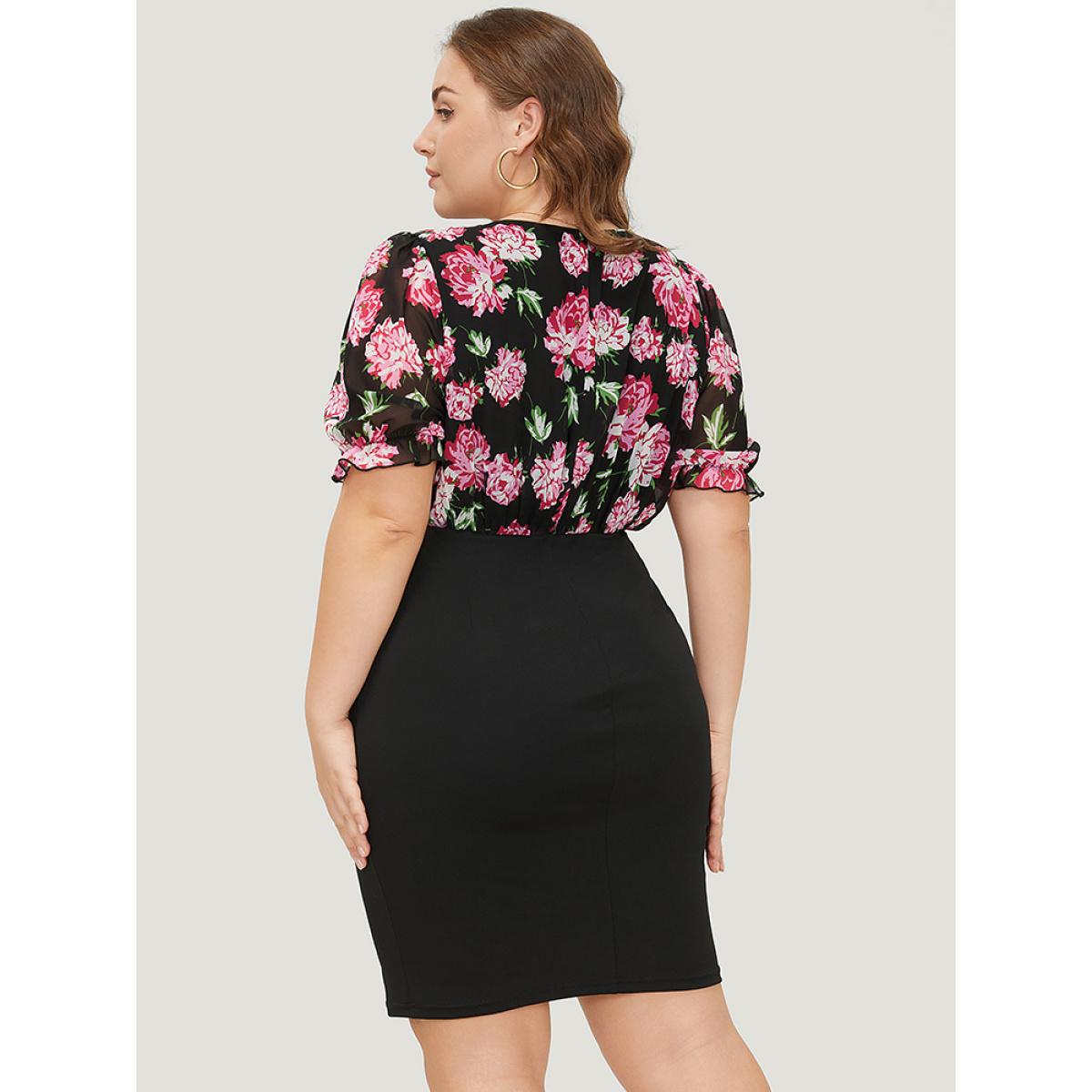 Plus Size Floral Patchwork Mesh Puff Sleeve Bodycon Dress Black Women Elegant Gathered Round Neck Short sleeve Curvy Knee Dress BloomChic 26/4X Product Image