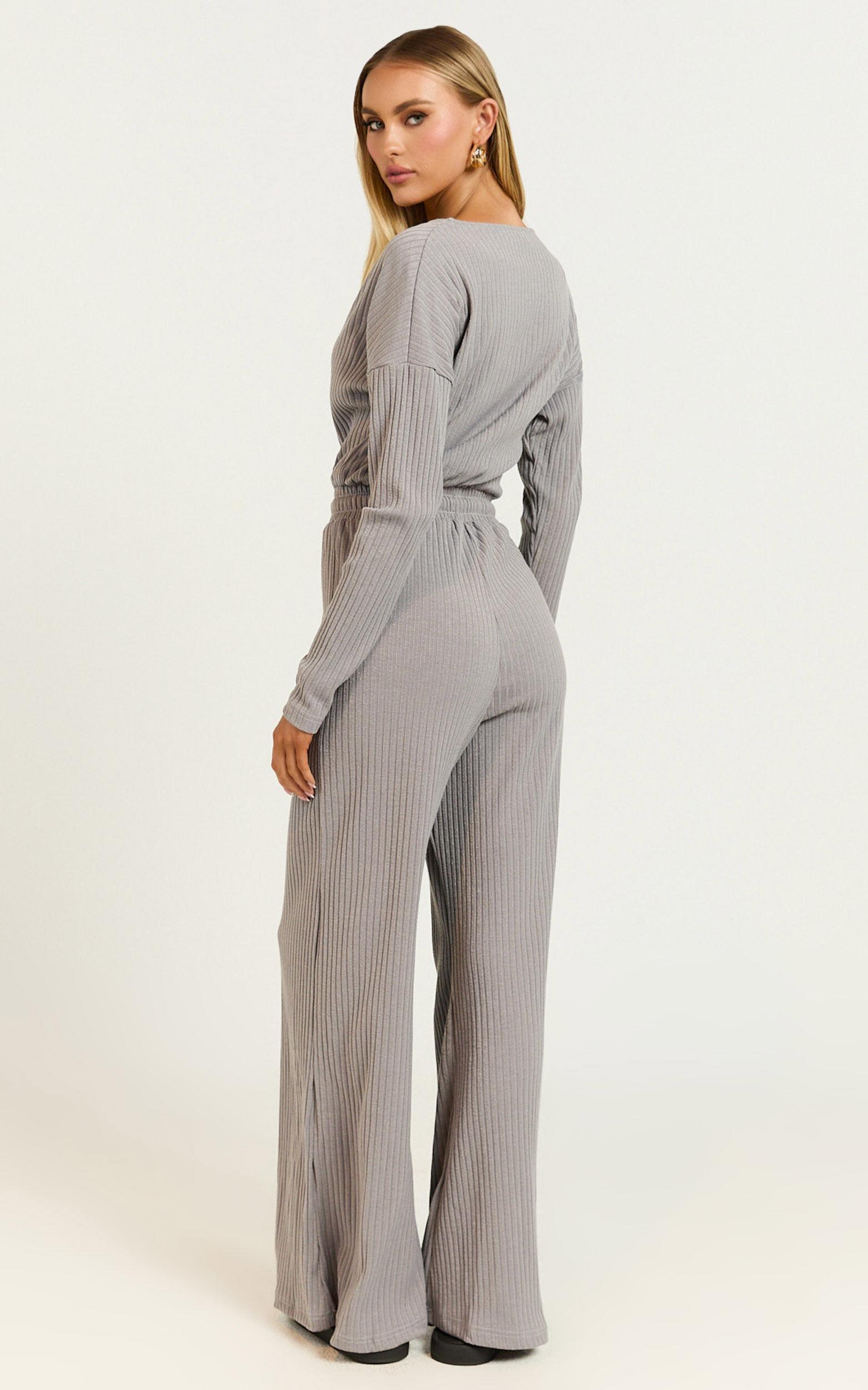 Camille Jumpsuit - Ribbed Jersey Long Sleeve Wide Leg Jumpsuit in Slate Grey Product Image